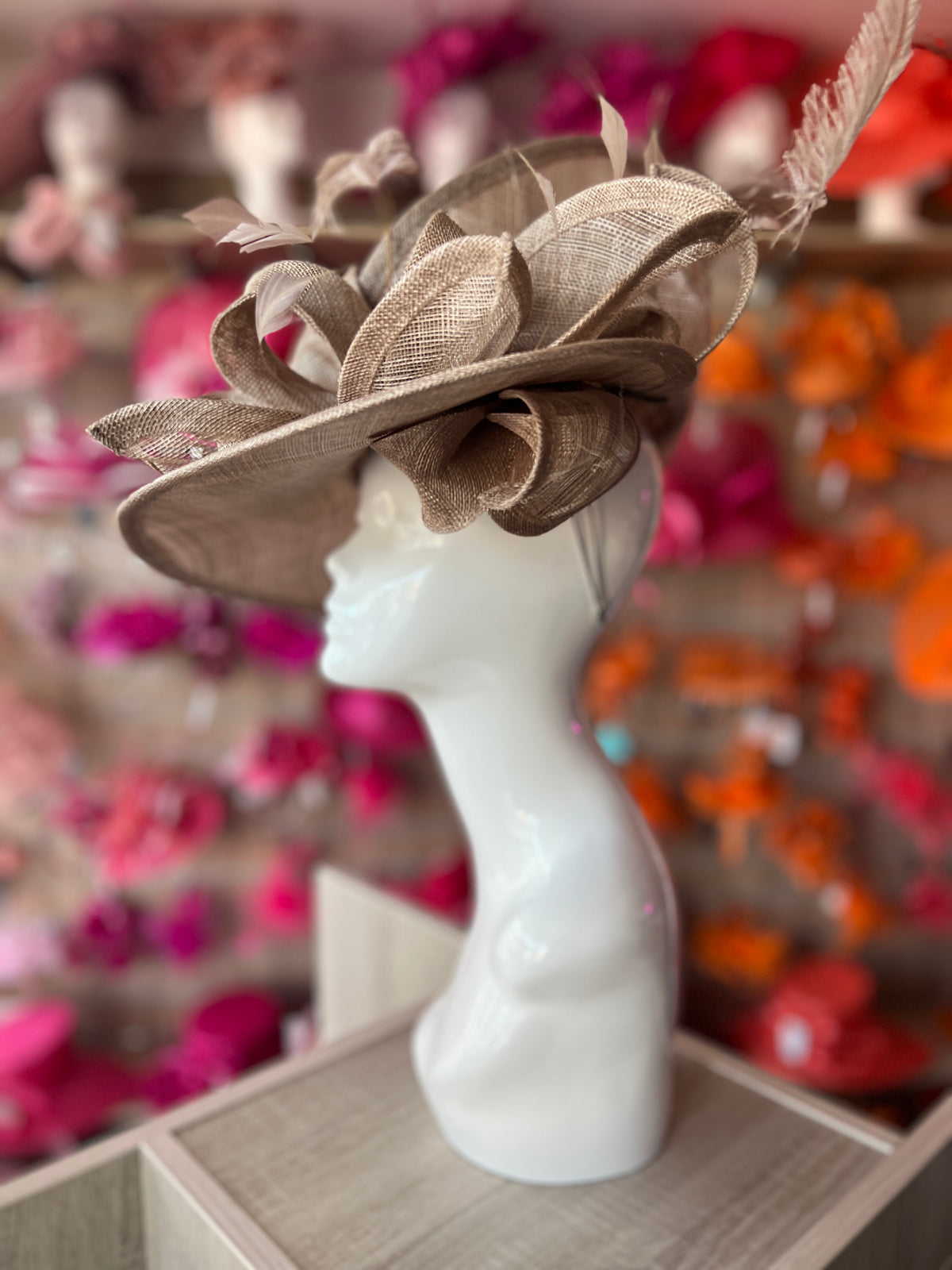 Deluxe Large Taupe Hatinator with Split Brim &amp; Feathers-Fascinators Direct