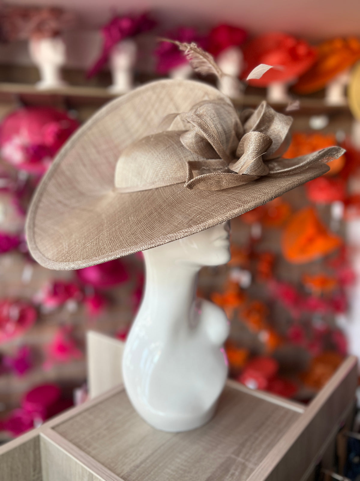 Deluxe Large Taupe Hatinator with Split Brim &amp; Feathers-Fascinators Direct