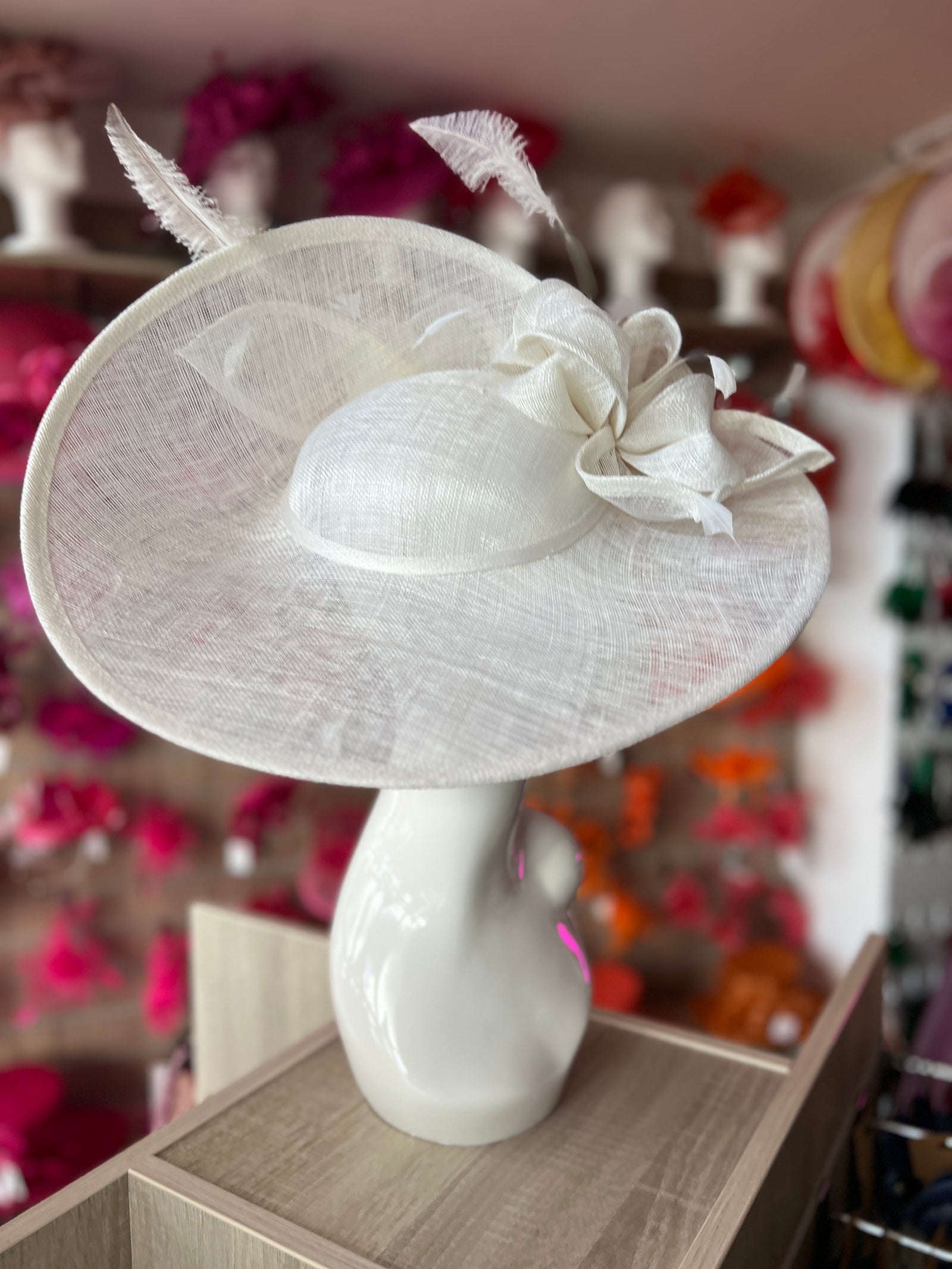 Deluxe Large White Hatinator with Split Brim & Feathers-Fascinators Direct
