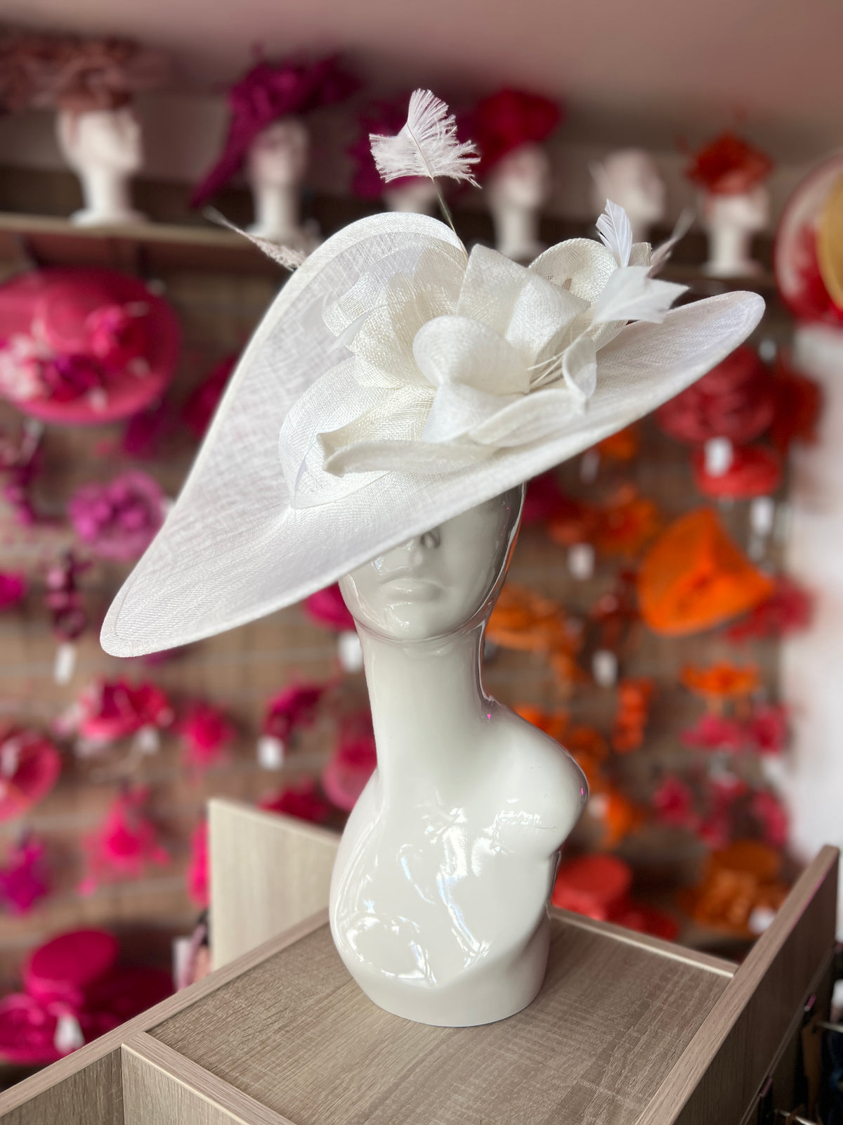 Deluxe Large White Hatinator with Split Brim &amp; Feathers-Fascinators Direct