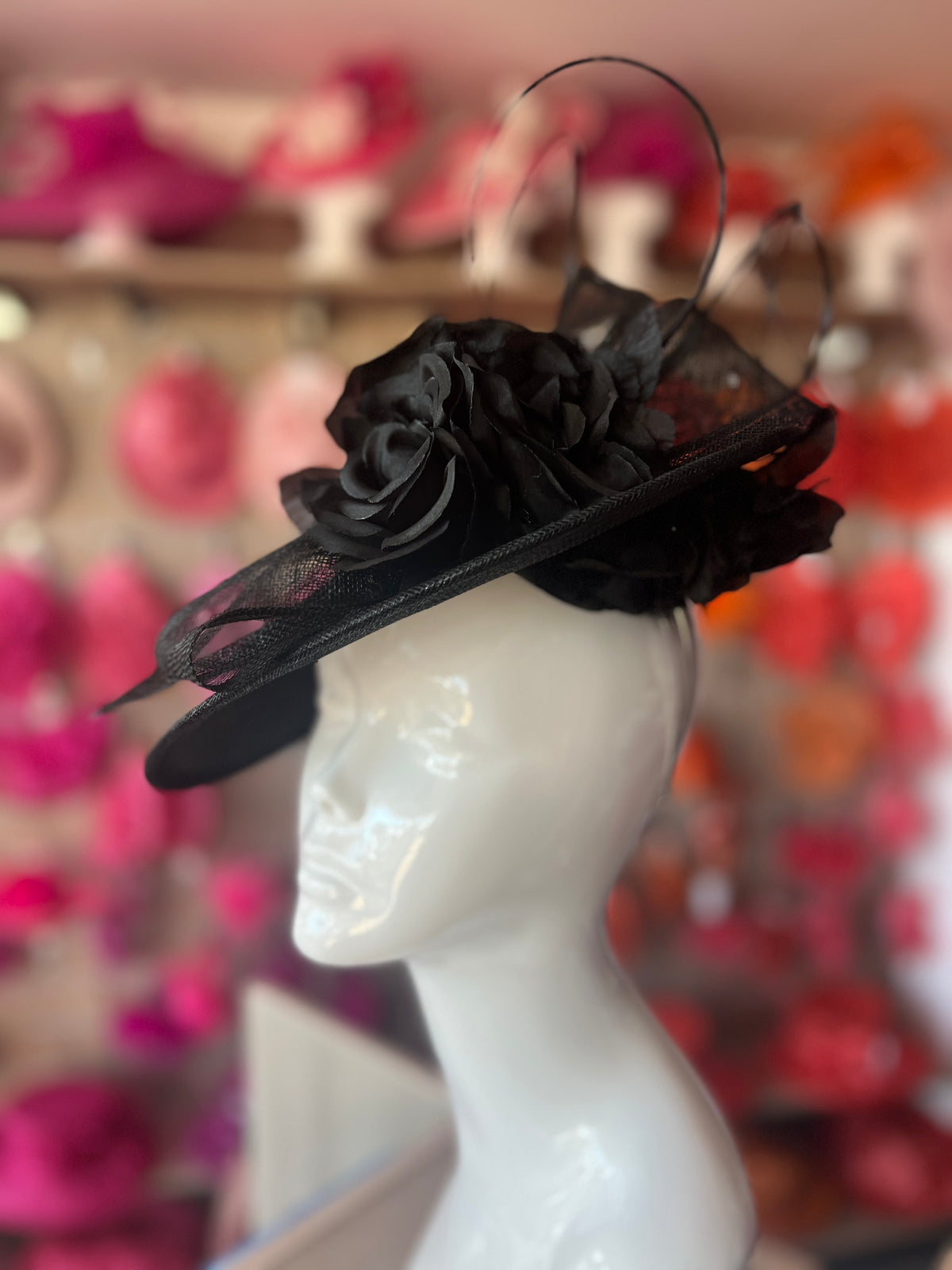 Deluxe Medium Black Hatinator With Split Brim &amp; Roses-Fascinators Direct