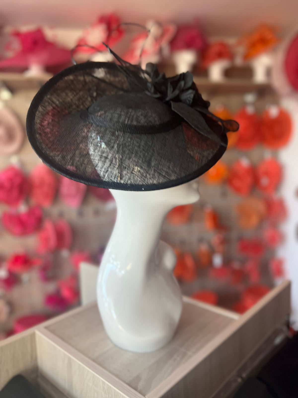 Deluxe Medium Black Hatinator With Split Brim &amp; Roses-Fascinators Direct