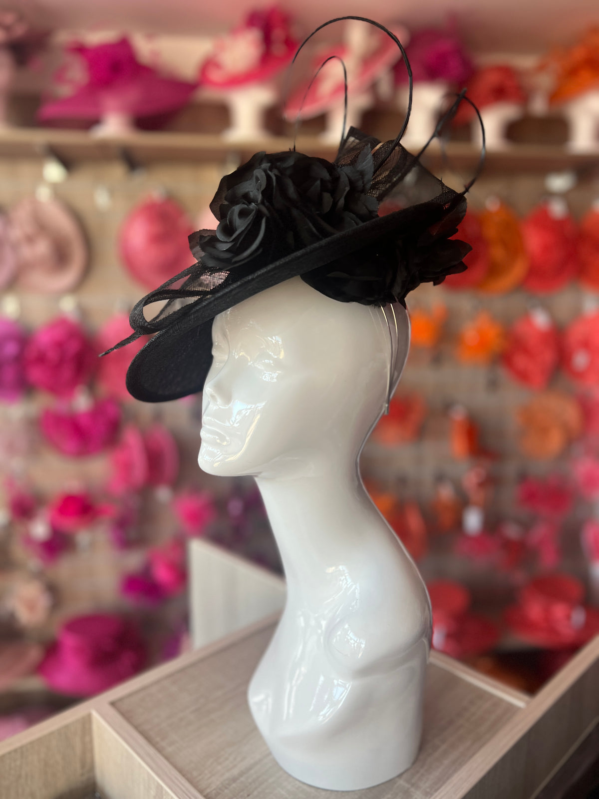 Deluxe Medium Black Hatinator With Split Brim &amp; Roses-Fascinators Direct