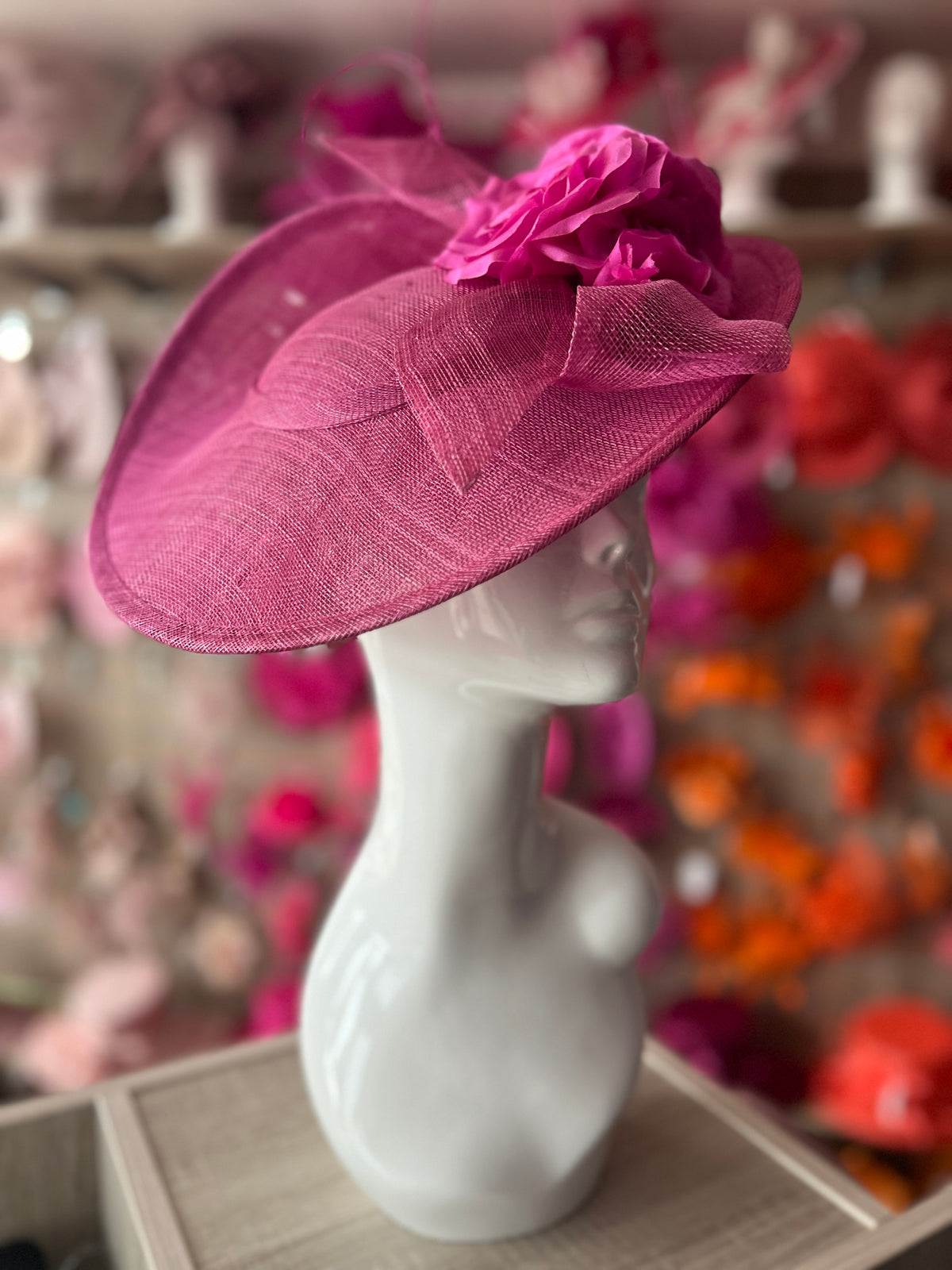 Deluxe Medium Fuchsia Hatinator With Split Brim &amp; Roses-Fascinators Direct