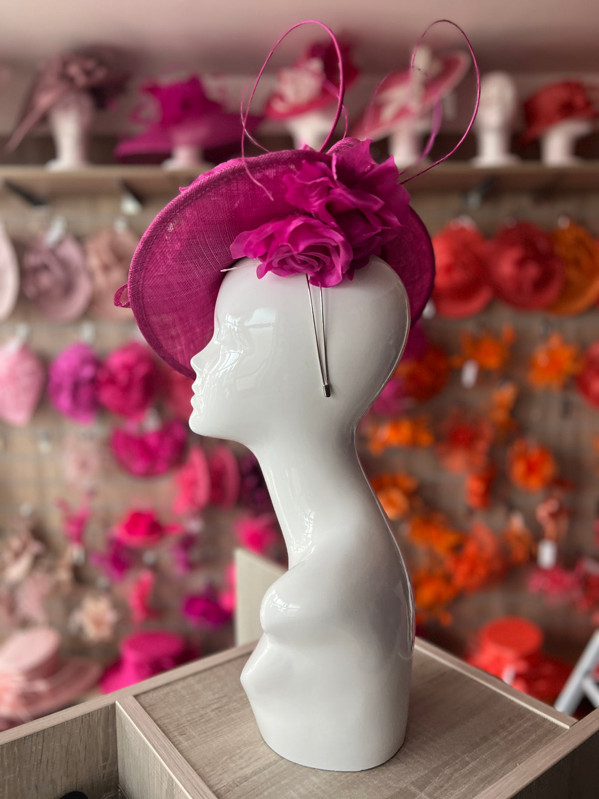 Deluxe Medium Fuchsia Hatinator With Split Brim &amp; Roses-Fascinators Direct