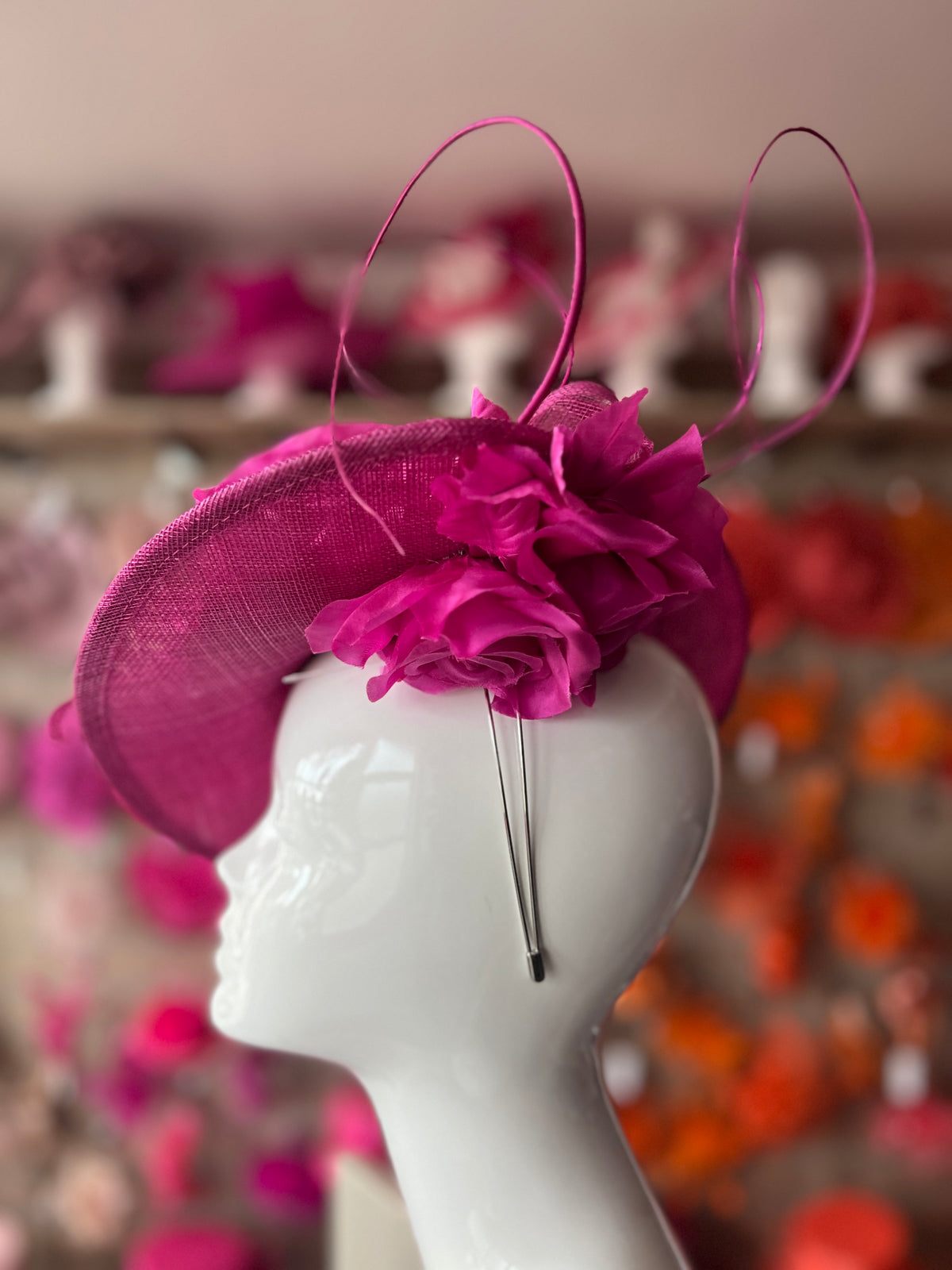 Deluxe Medium Fuchsia Hatinator With Split Brim &amp; Roses-Fascinators Direct