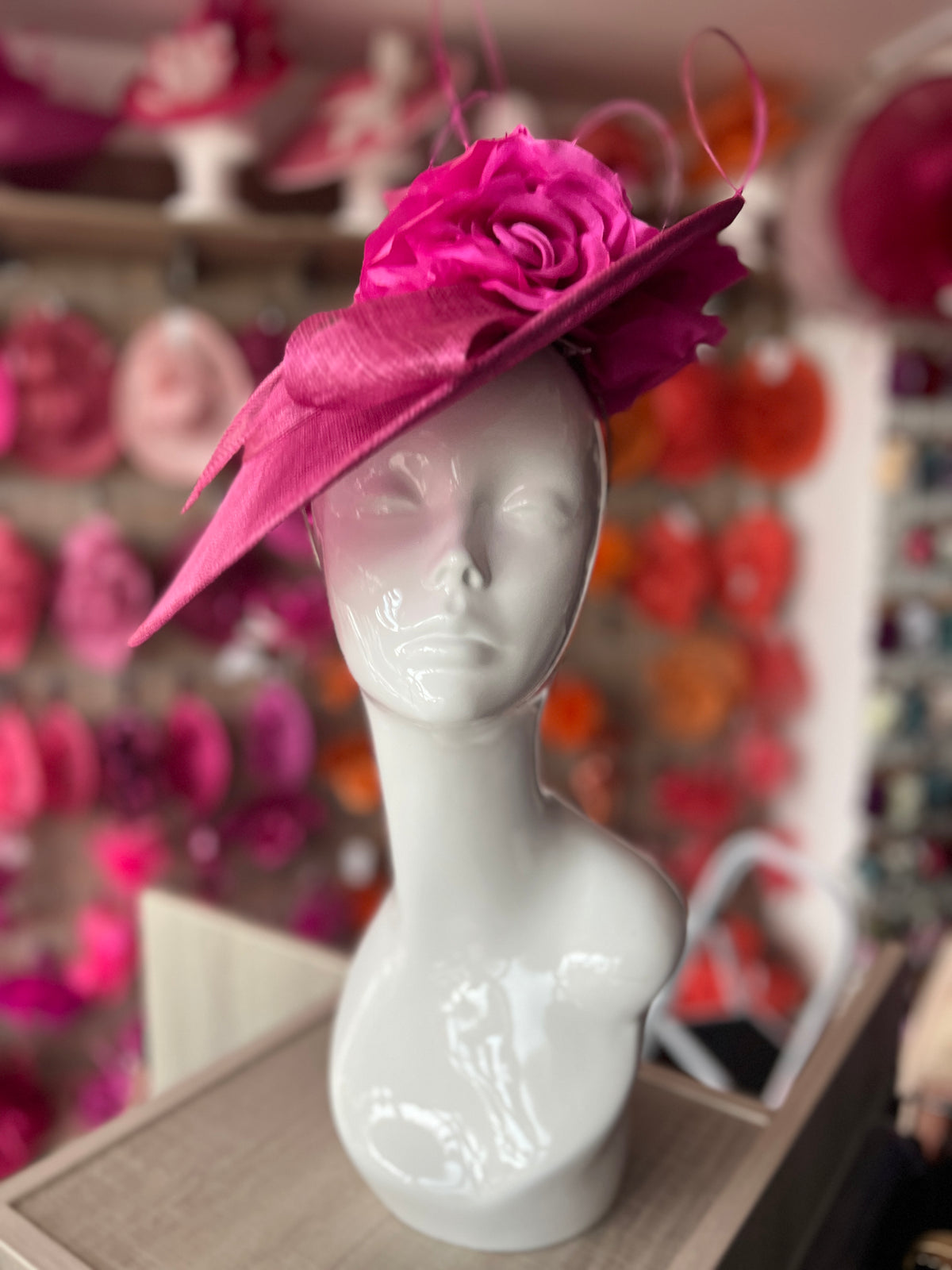 Deluxe Medium Fuchsia Hatinator With Split Brim &amp; Roses-Fascinators Direct