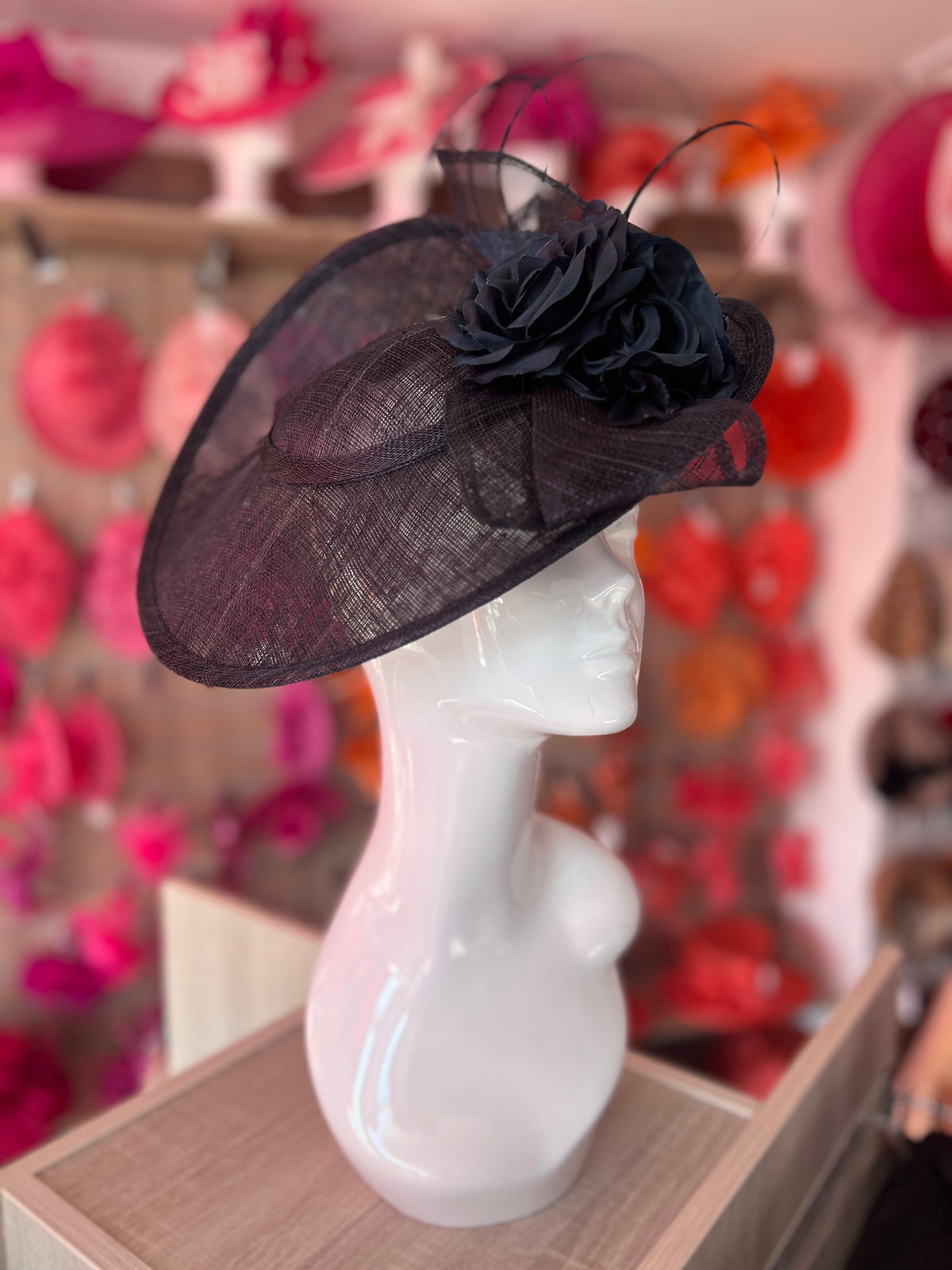Deluxe Medium Navy Hatinator With Split Brim &amp; Roses-Fascinators Direct