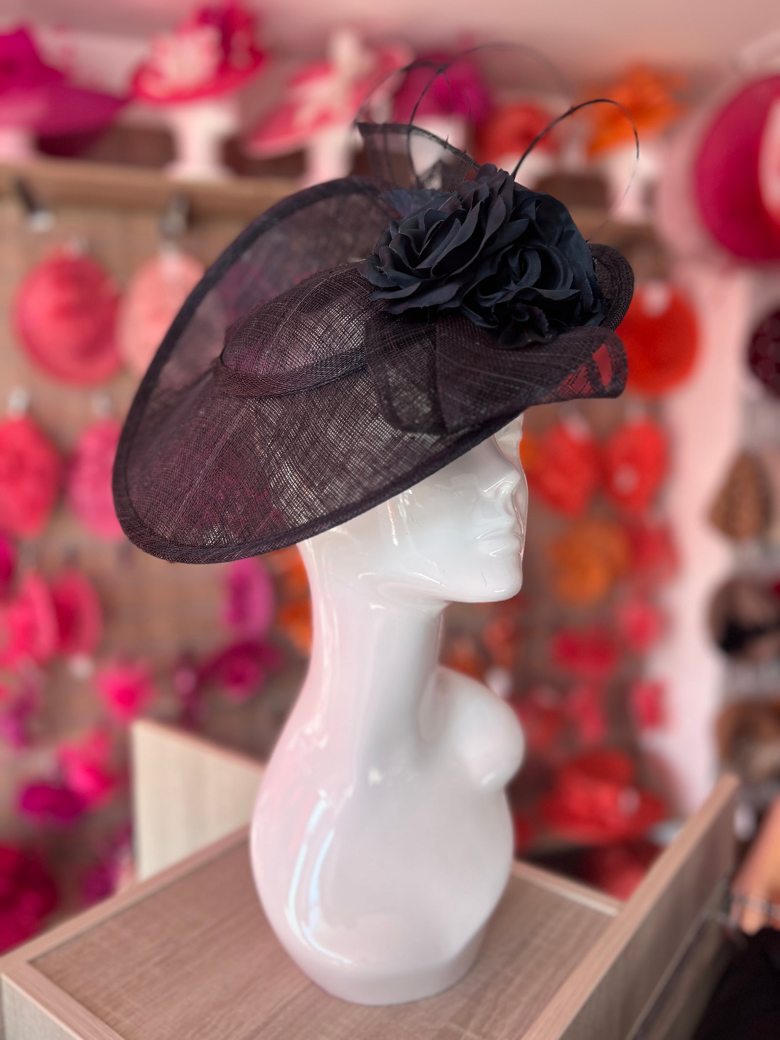 Deluxe Medium Navy Hatinator With Split Brim & Roses-Fascinators Direct