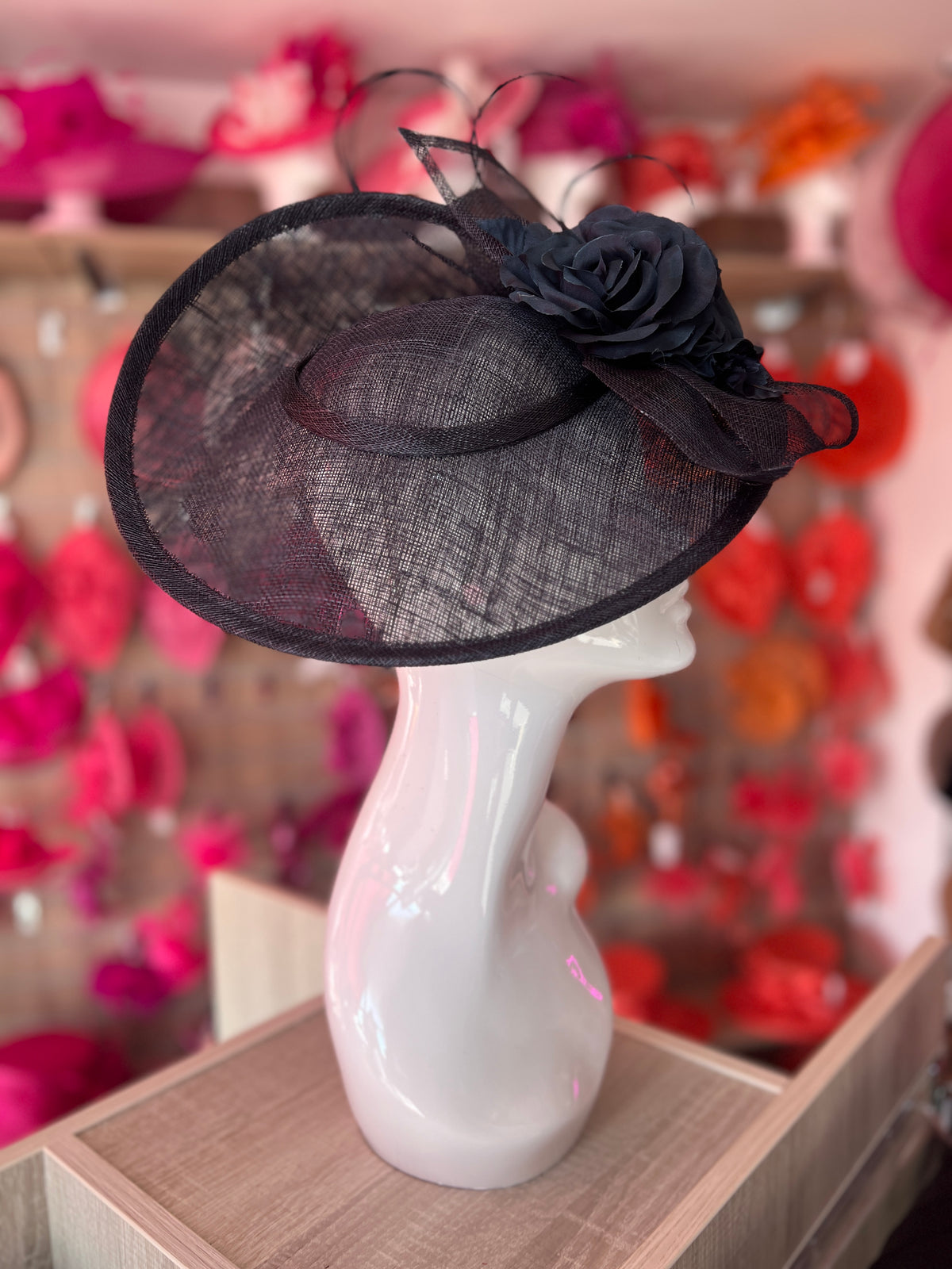 Deluxe Medium Navy Hatinator With Split Brim &amp; Roses-Fascinators Direct