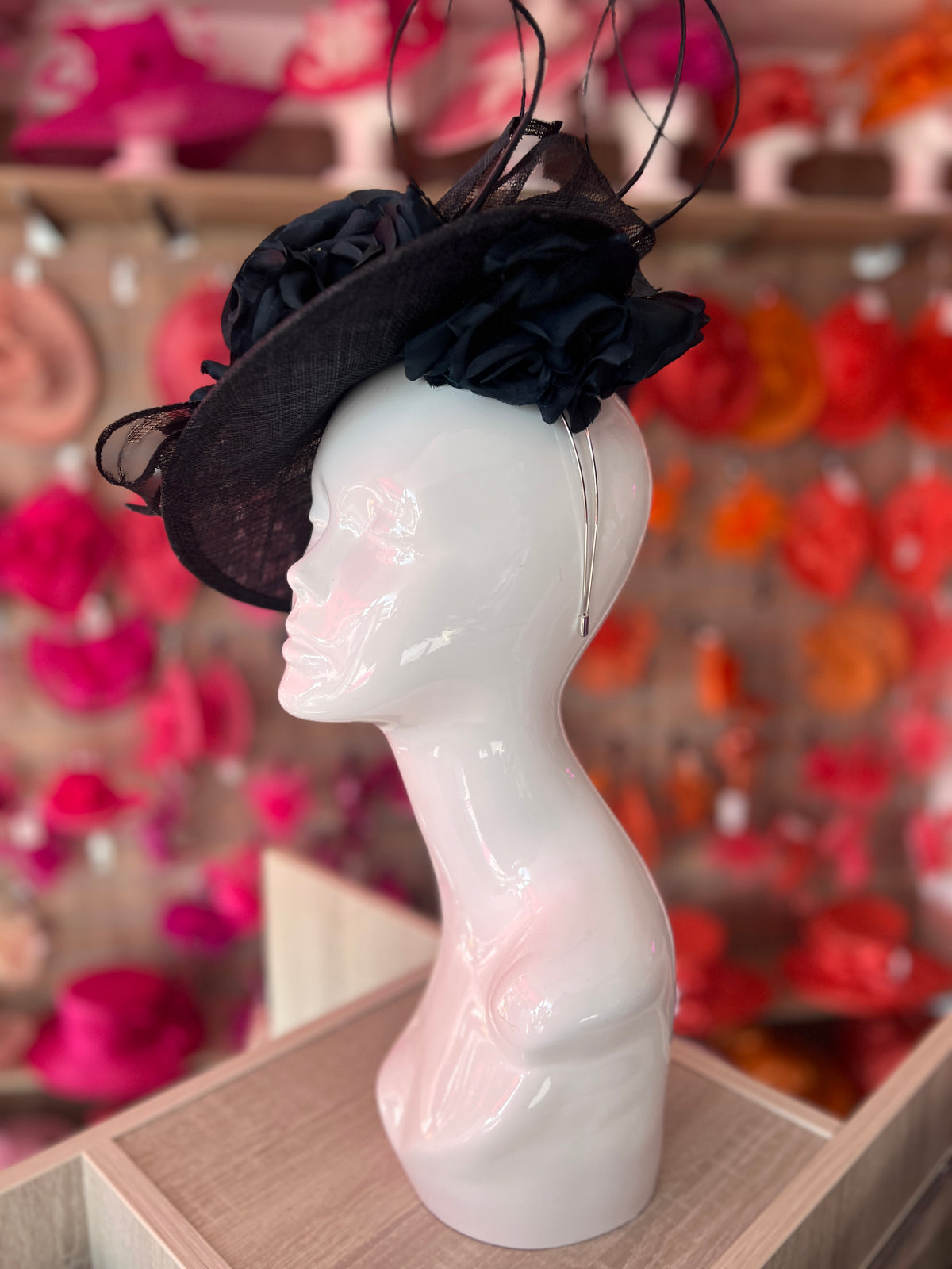 Deluxe Medium Navy Hatinator With Split Brim &amp; Roses-Fascinators Direct