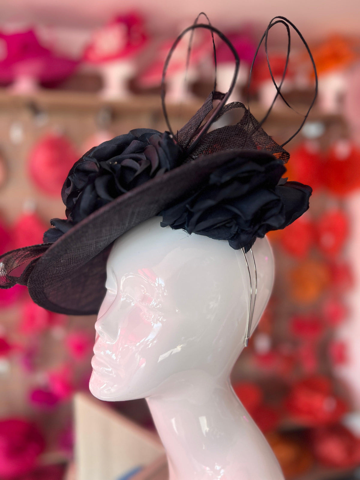 Deluxe Medium Navy Hatinator With Split Brim &amp; Roses-Fascinators Direct