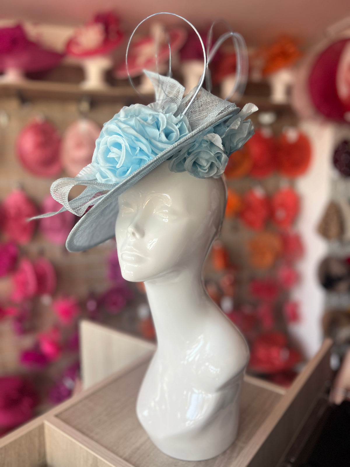 Deluxe Medium Powder Blue Hatinator With Split Brim &amp; Roses-Fascinators Direct
