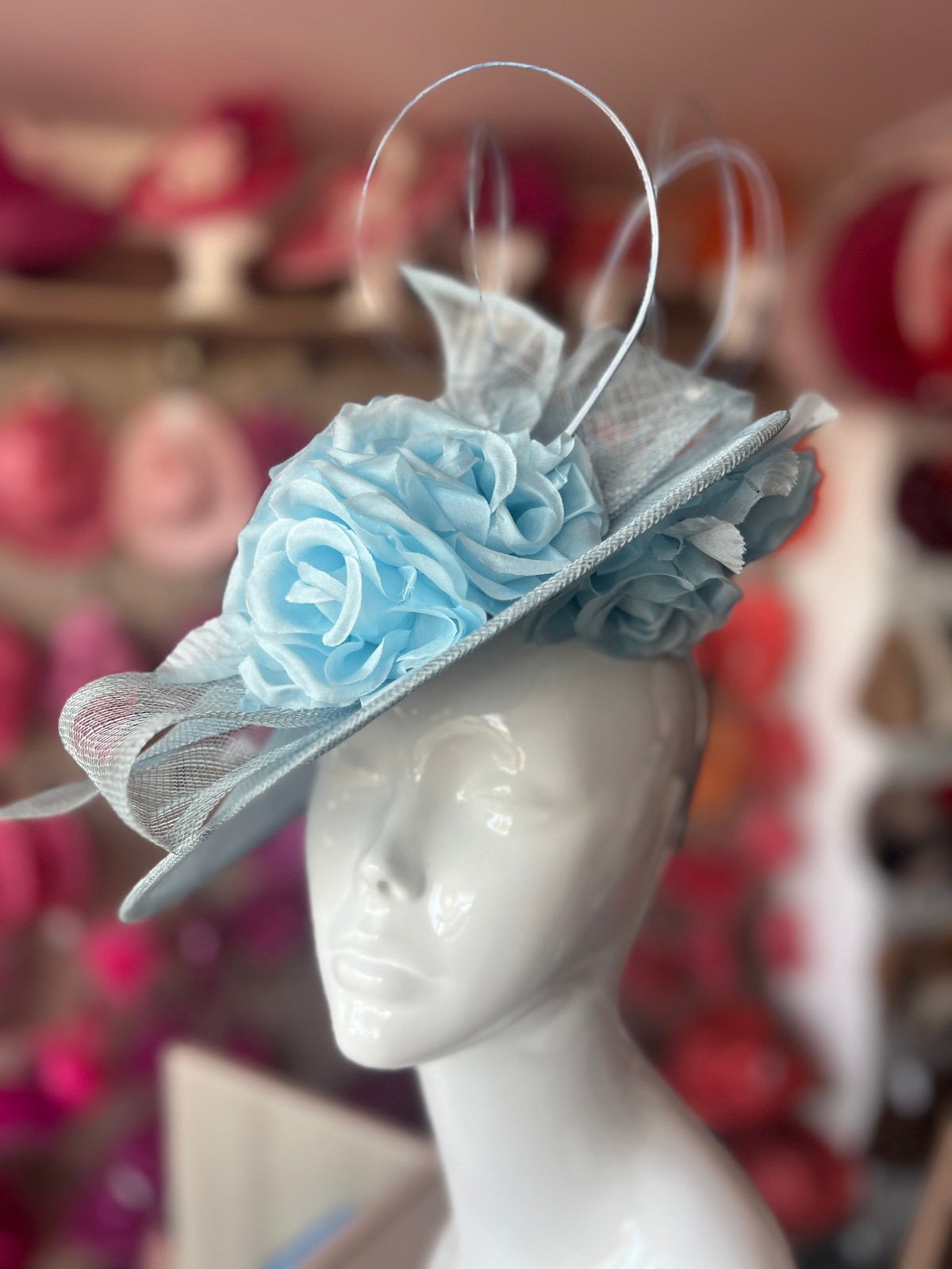 Deluxe Medium Powder Blue Hatinator With Split Brim &amp; Roses-Fascinators Direct