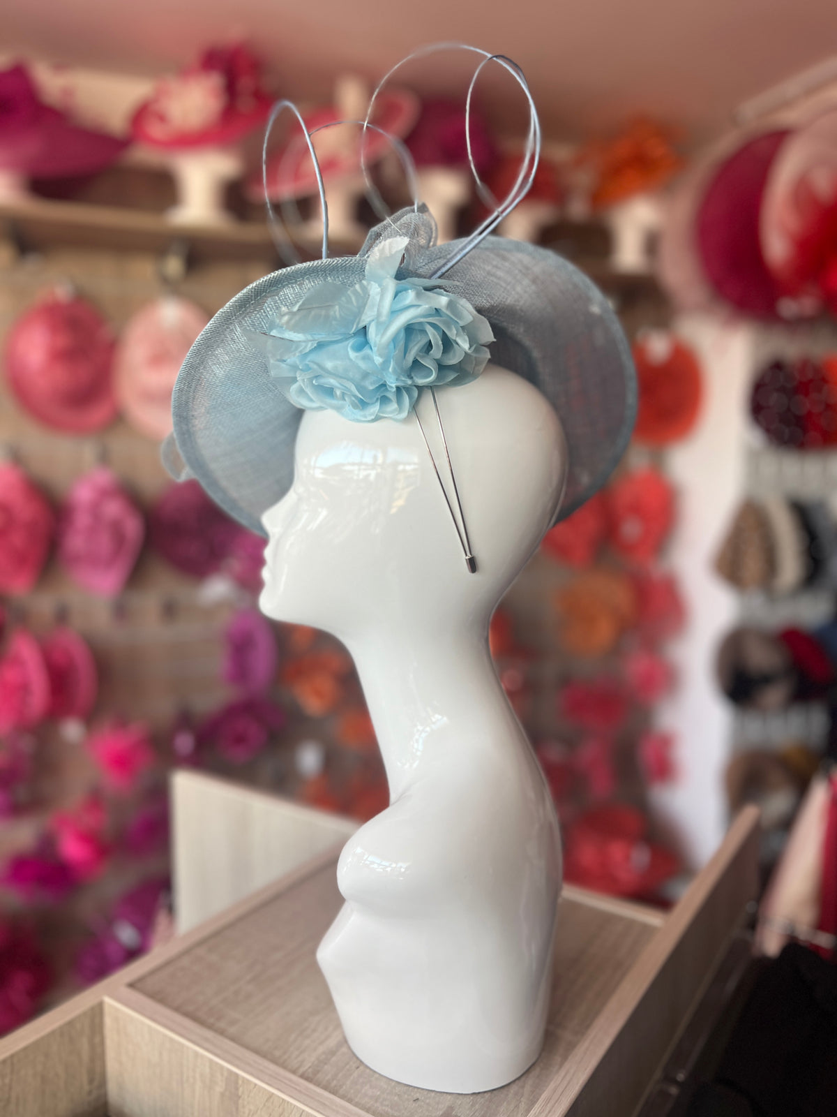 Deluxe Medium Powder Blue Hatinator With Split Brim &amp; Roses-Fascinators Direct