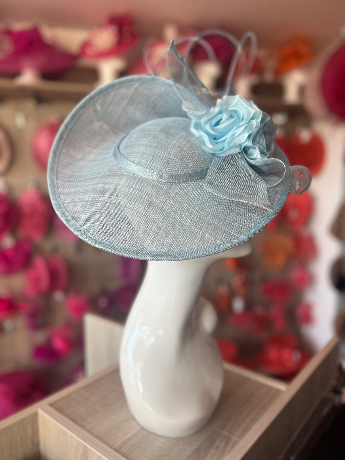 Deluxe Medium Powder Blue Hatinator With Split Brim &amp; Roses-Fascinators Direct