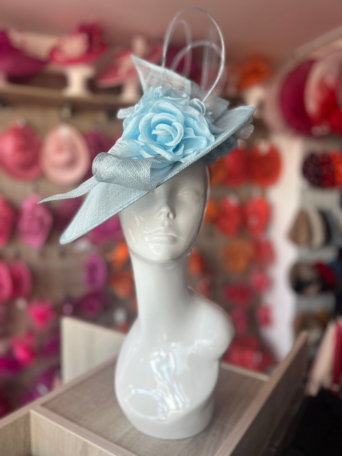 Deluxe Medium Powder Blue Hatinator With Split Brim &amp; Roses-Fascinators Direct