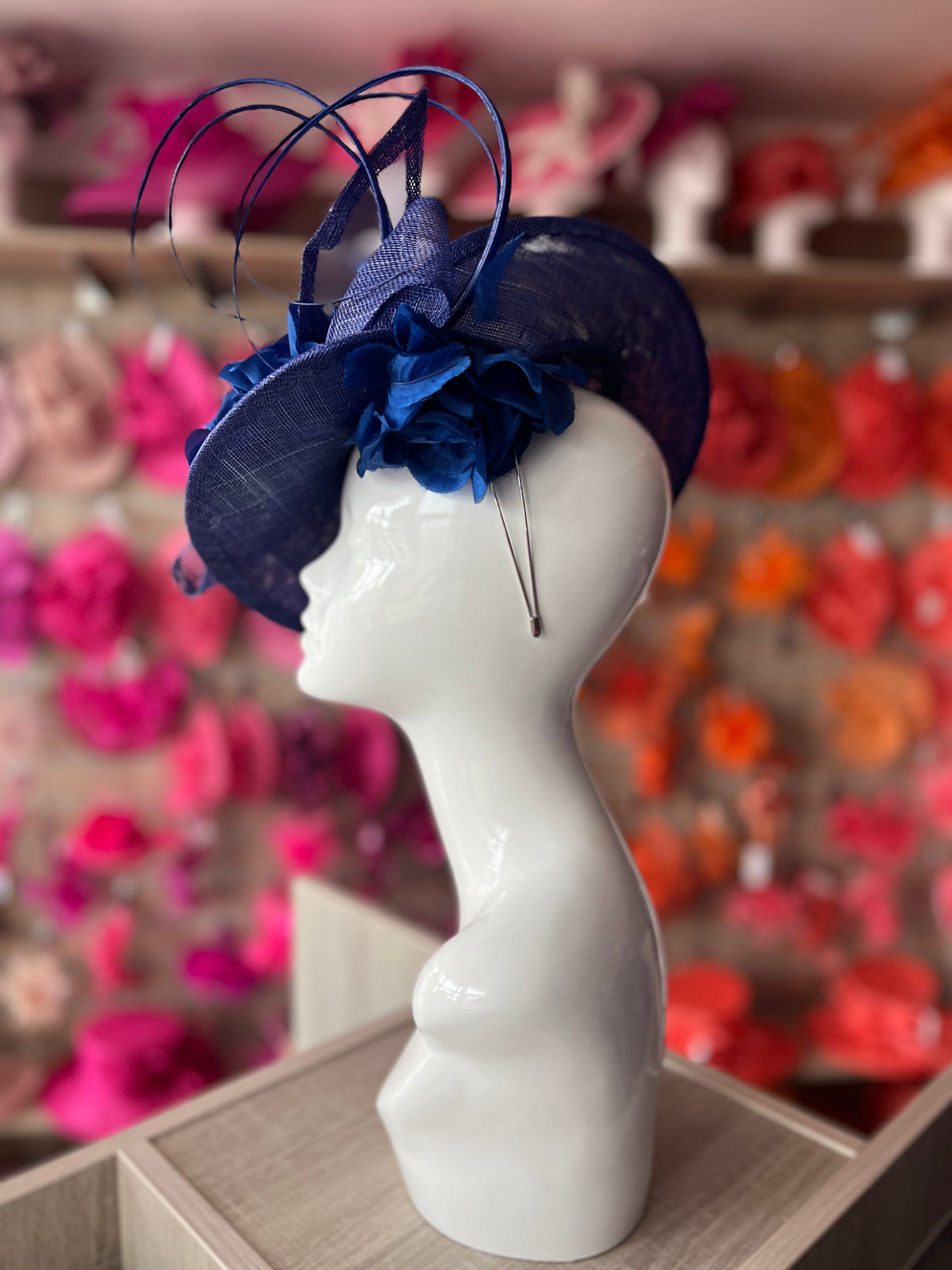 Deluxe Medium Sapphire Hatinator With Split Brim &amp; Roses-Fascinators Direct