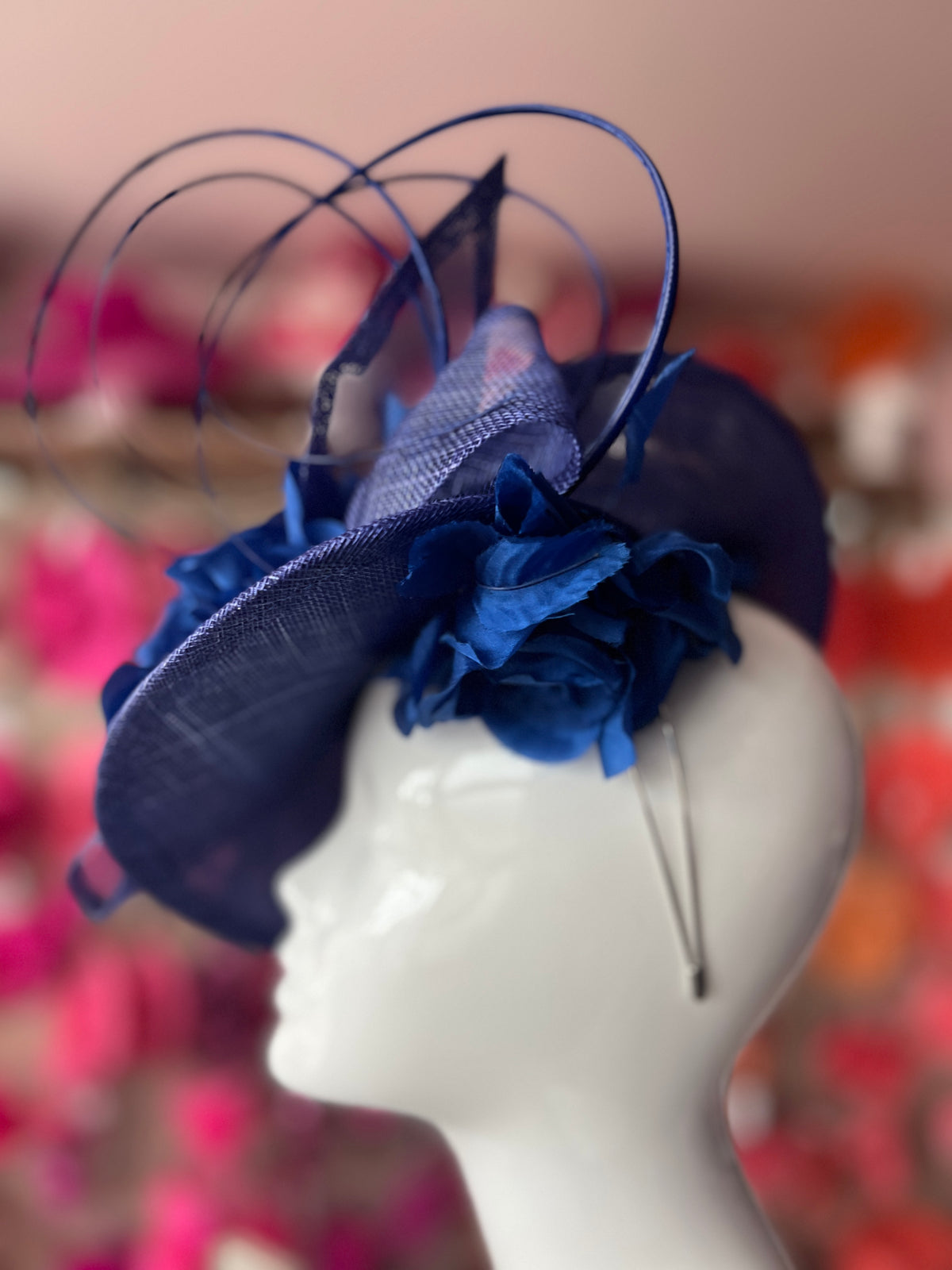 Deluxe Medium Sapphire Hatinator With Split Brim &amp; Roses-Fascinators Direct