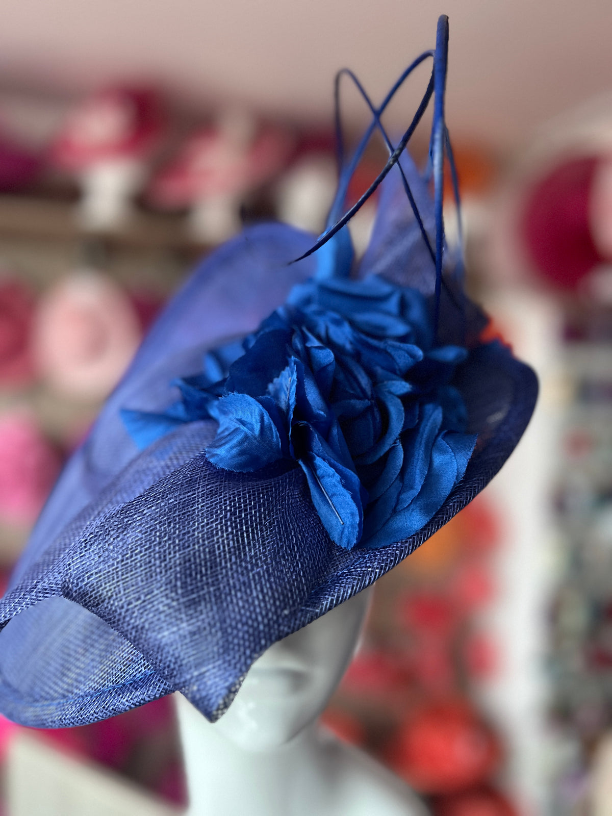 Deluxe Medium Sapphire Hatinator With Split Brim &amp; Roses-Fascinators Direct
