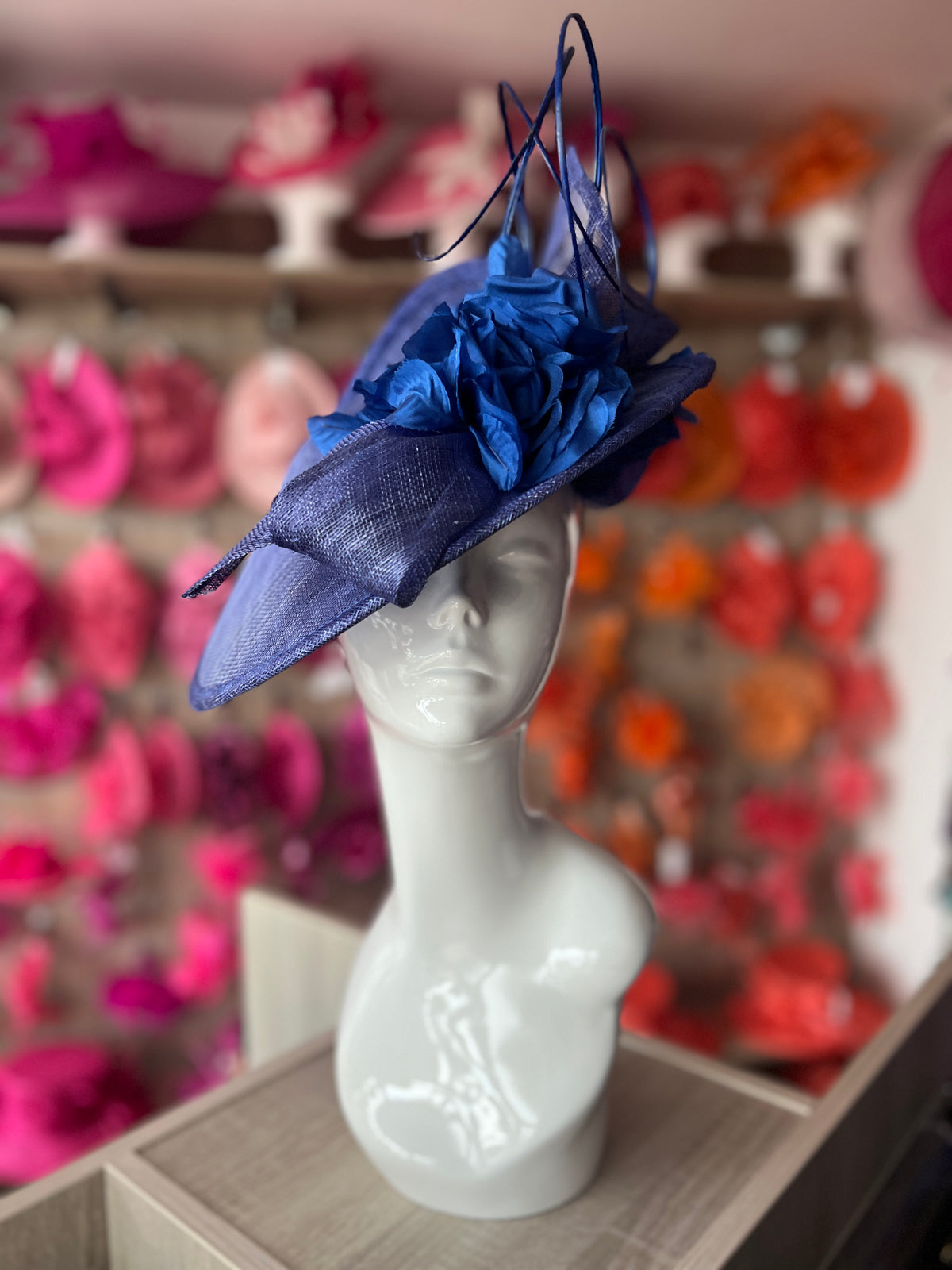 Deluxe Medium Sapphire Hatinator With Split Brim &amp; Roses-Fascinators Direct