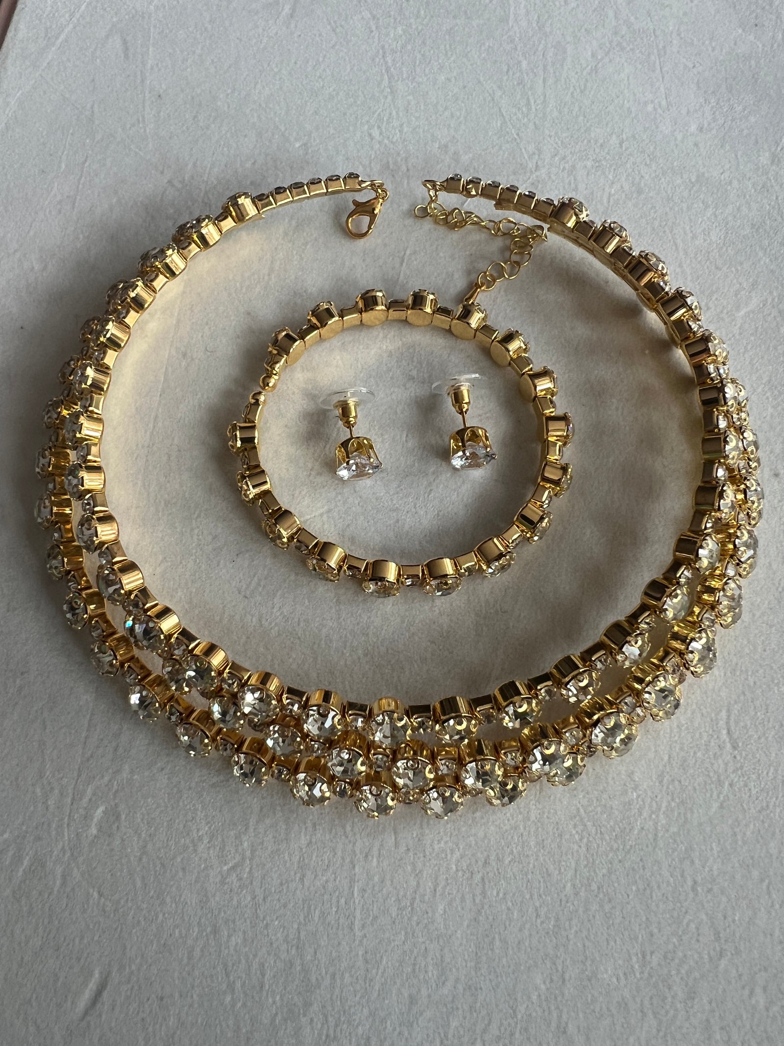 Diamante 3 Row Necklace,Earrings & Bracelet Set-Gold-Fascinators Direct