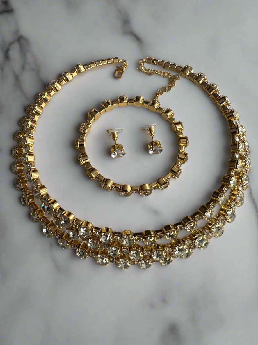 Diamante 3 Row Necklace,Earrings & Bracelet Set-Gold-Fascinators Direct