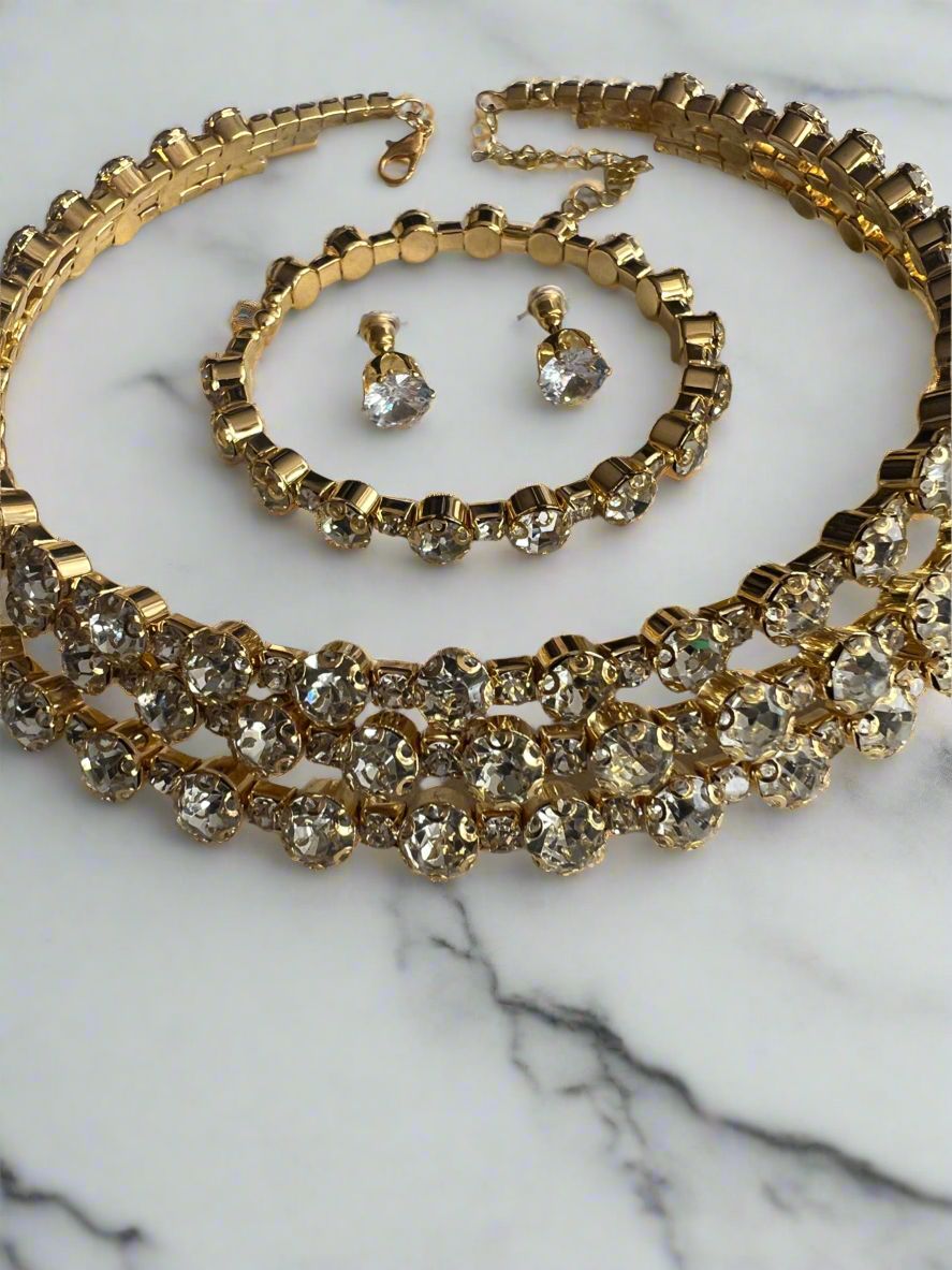 Diamante 3 Row Necklace,Earrings &amp; Bracelet Set-Gold-Fascinators Direct