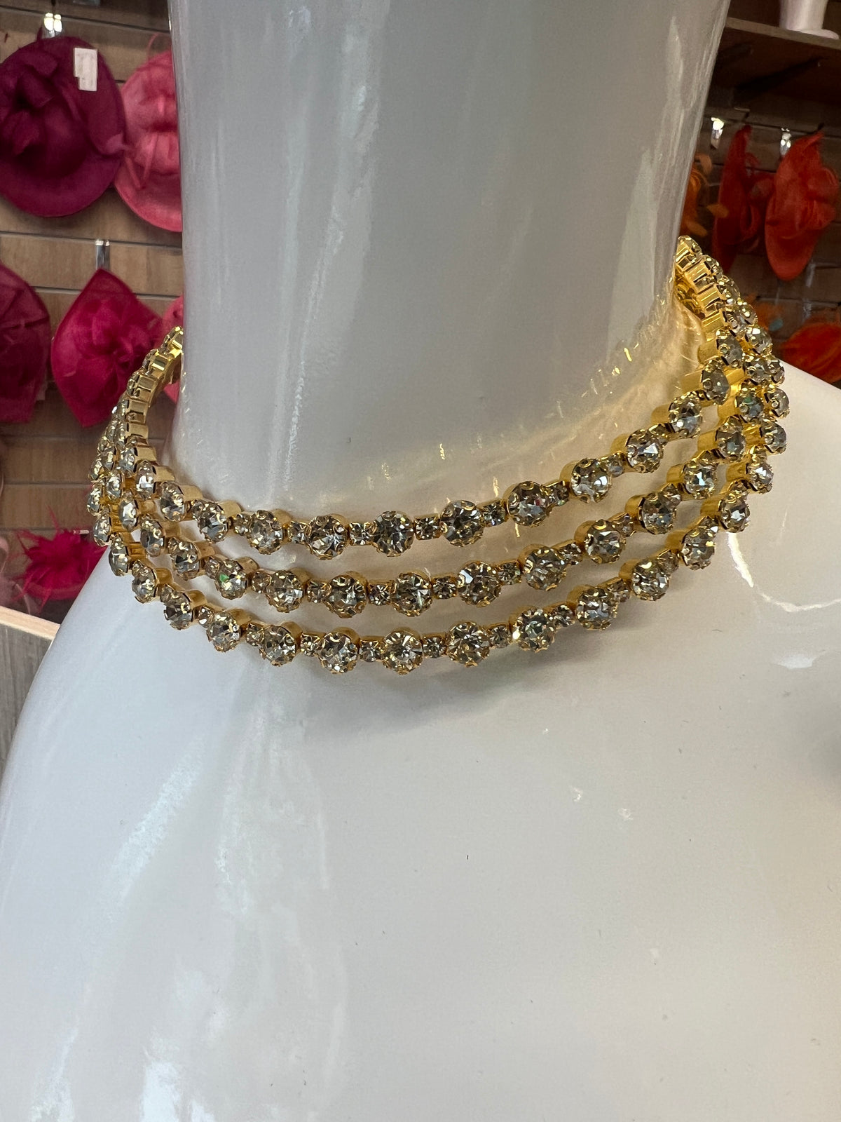 Diamante 3 Row Necklace,Earrings &amp; Bracelet Set-Gold-Fascinators Direct