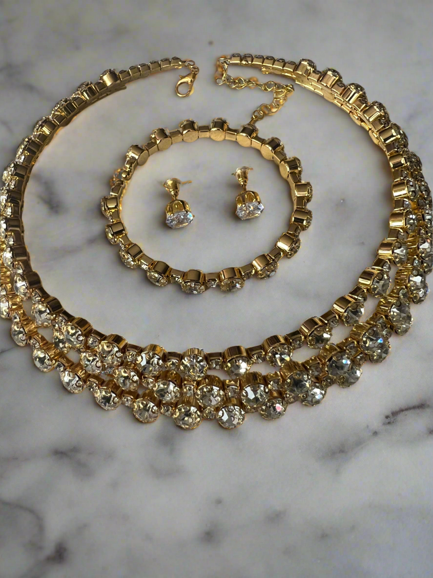 Diamante 3 Row Necklace,Earrings &amp; Bracelet Set-Gold-Fascinators Direct
