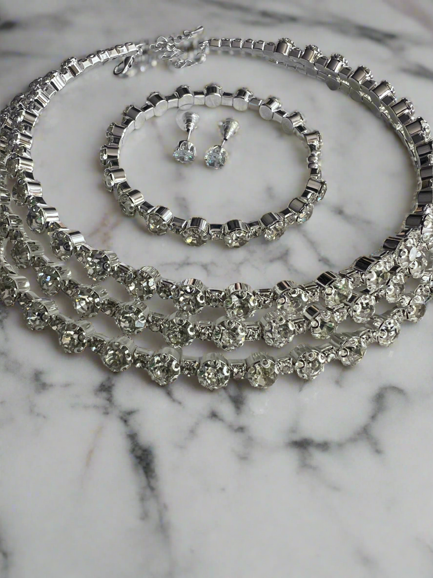 Diamante 3 Row Necklace,Earrings & Bracelet Set-Silver-Fascinators Direct