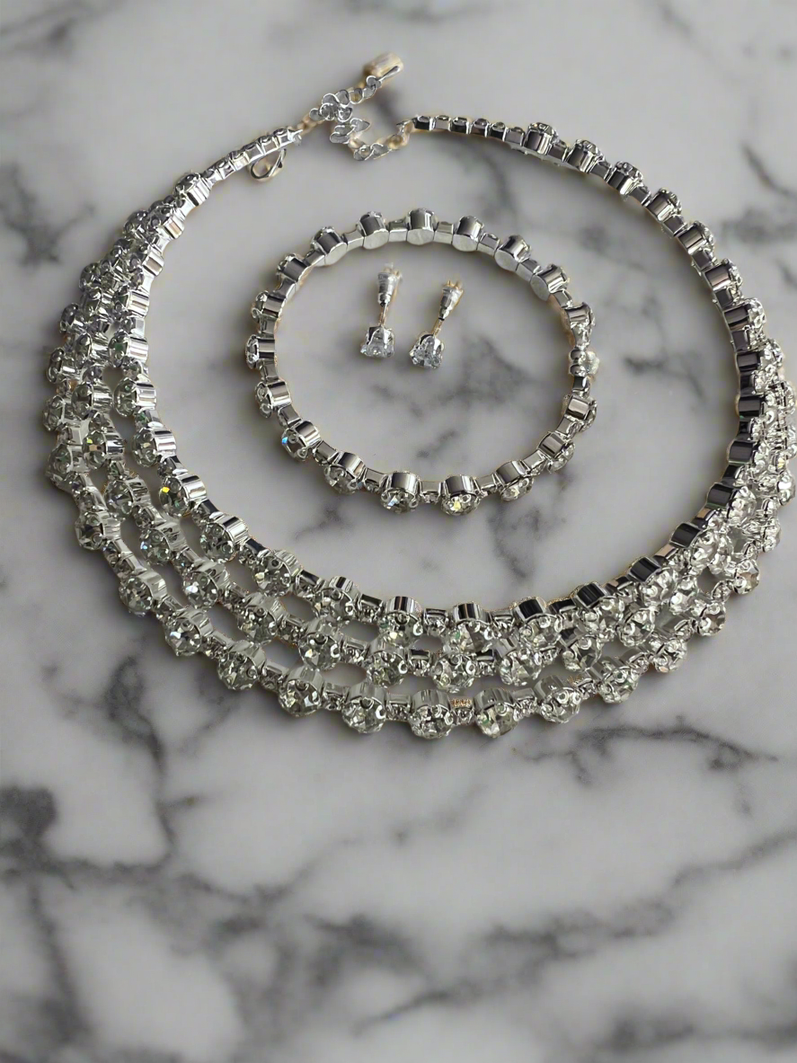 Diamante 3 Row Necklace,Earrings &amp; Bracelet Set-Silver-Fascinators Direct