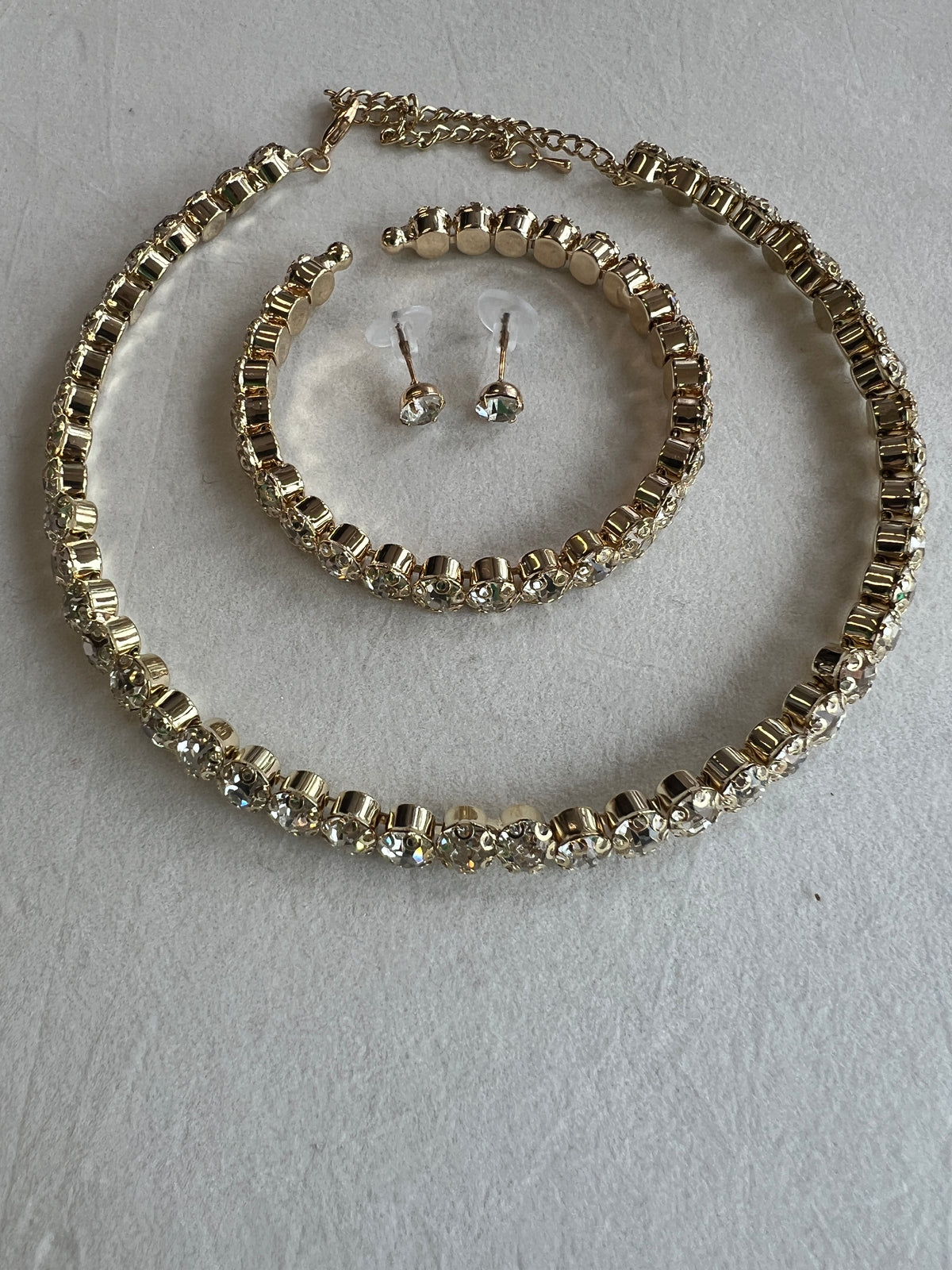 Diamante Earrings,Necklace &amp; Bracelet Set-Gold-Fascinators Direct