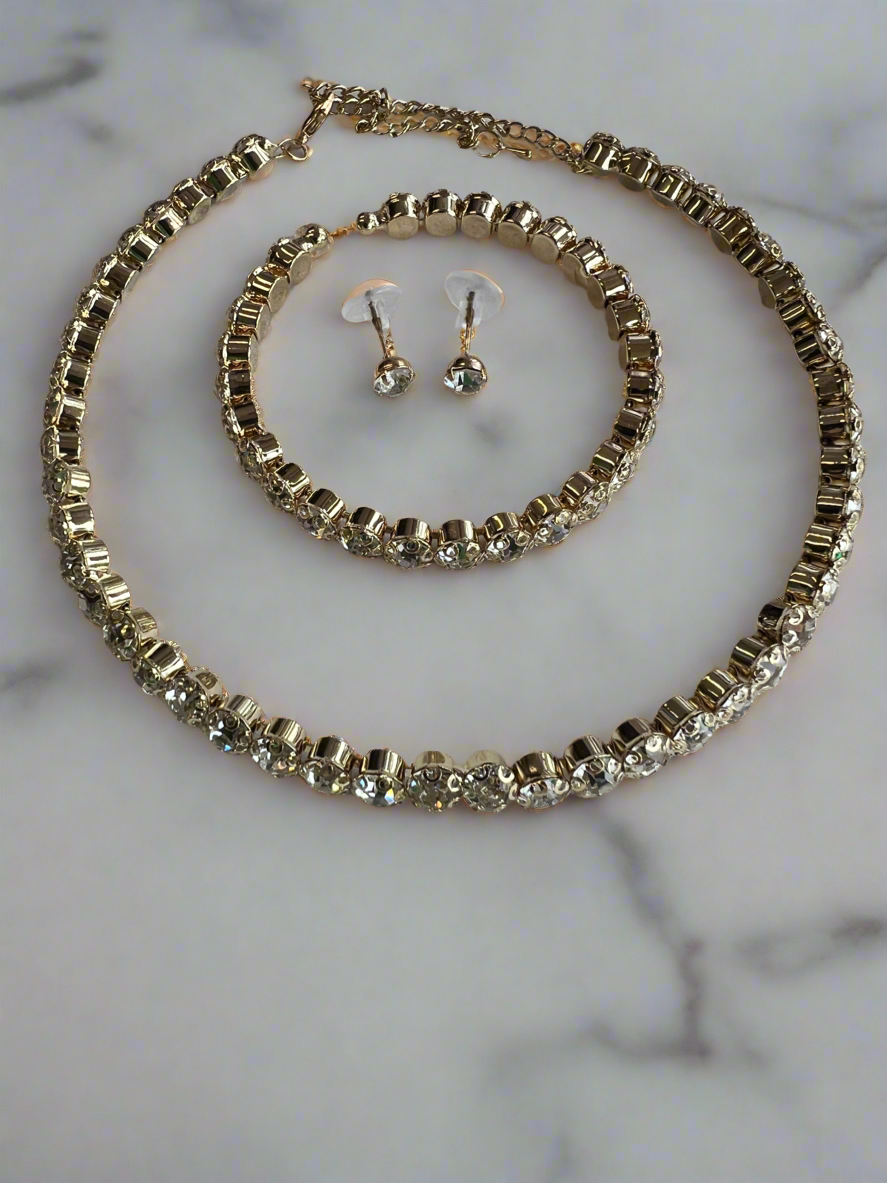 Diamante Earrings,Necklace & Bracelet Set-Gold-Fascinators Direct