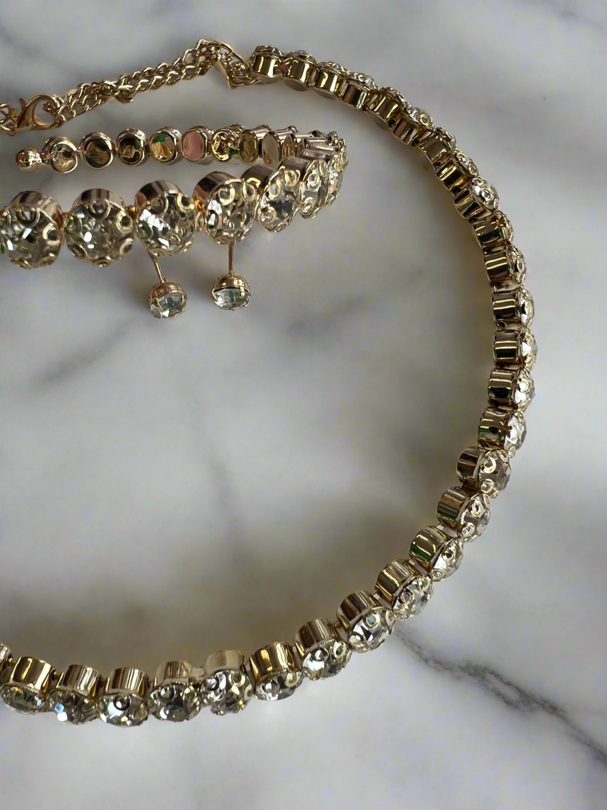 Diamante Earrings,Necklace &amp; Bracelet Set-Gold-Fascinators Direct