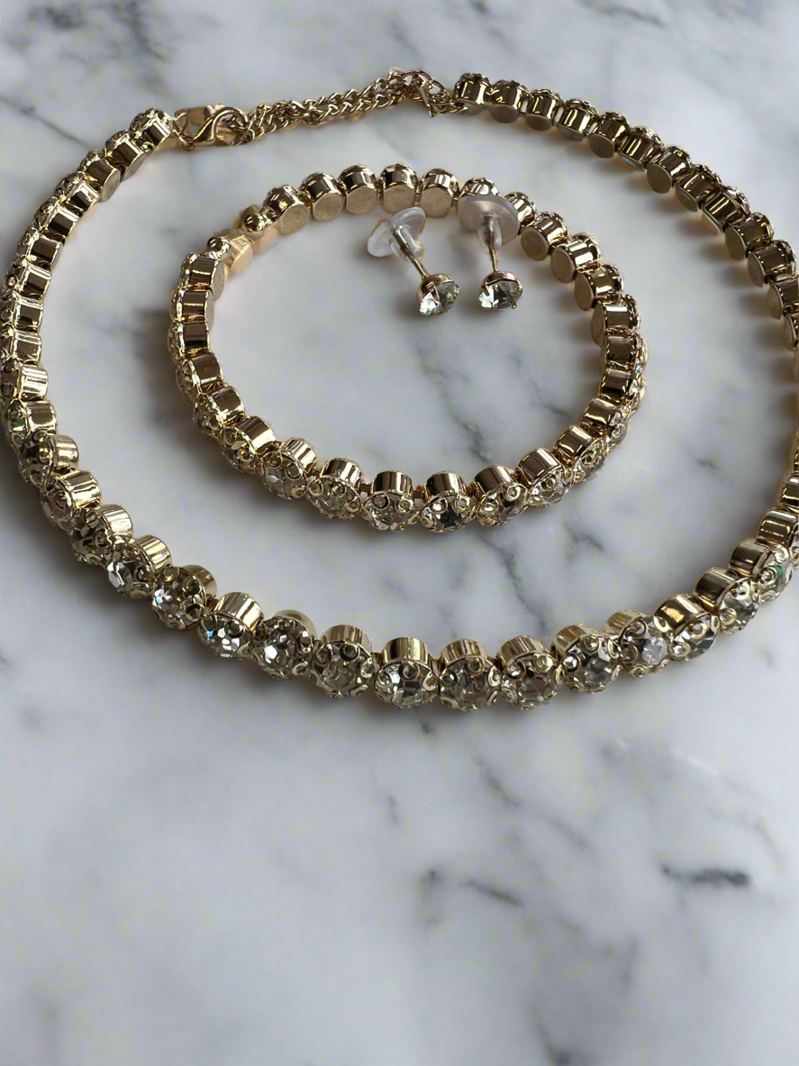Diamante Earrings,Necklace &amp; Bracelet Set-Gold-Fascinators Direct