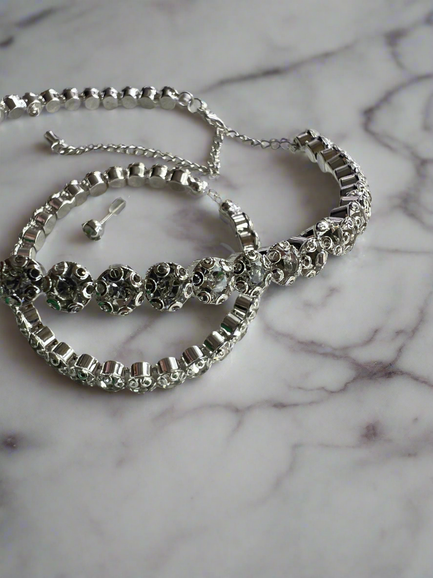 Diamante Earrings,Necklace &amp; Bracelet Set-Silver-Fascinators Direct