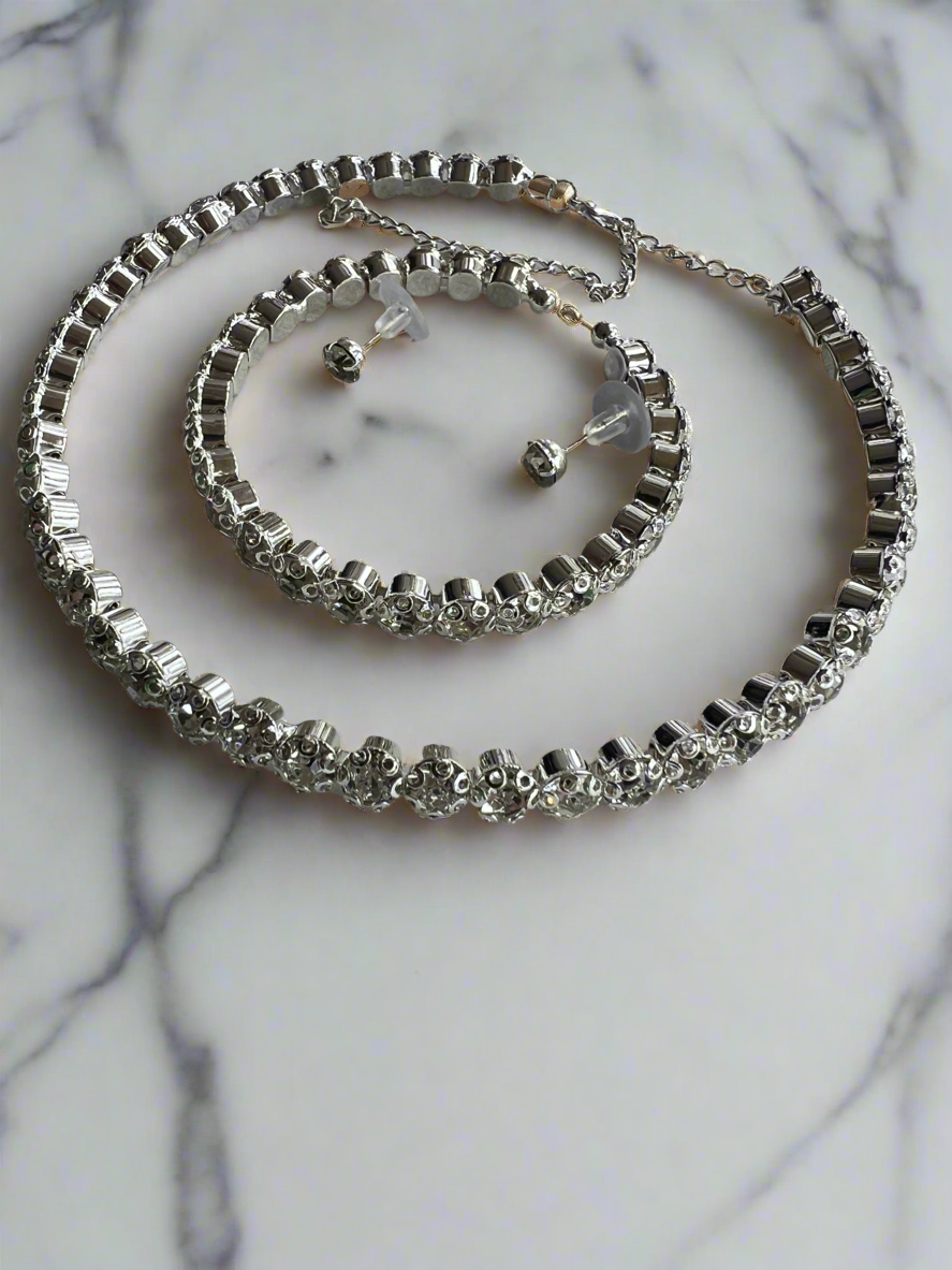 Diamante Earrings,Necklace &amp; Bracelet Set-Silver-Fascinators Direct