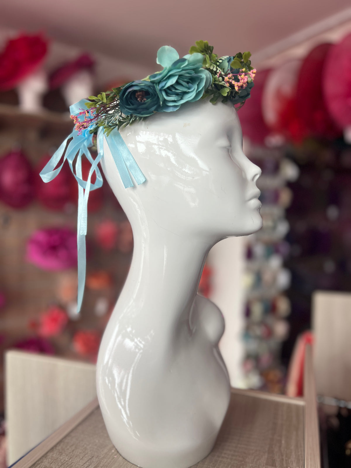 Duck Egg Blue Vintage Mixed Flower Crown Hair Garland-Fascinators Direct
