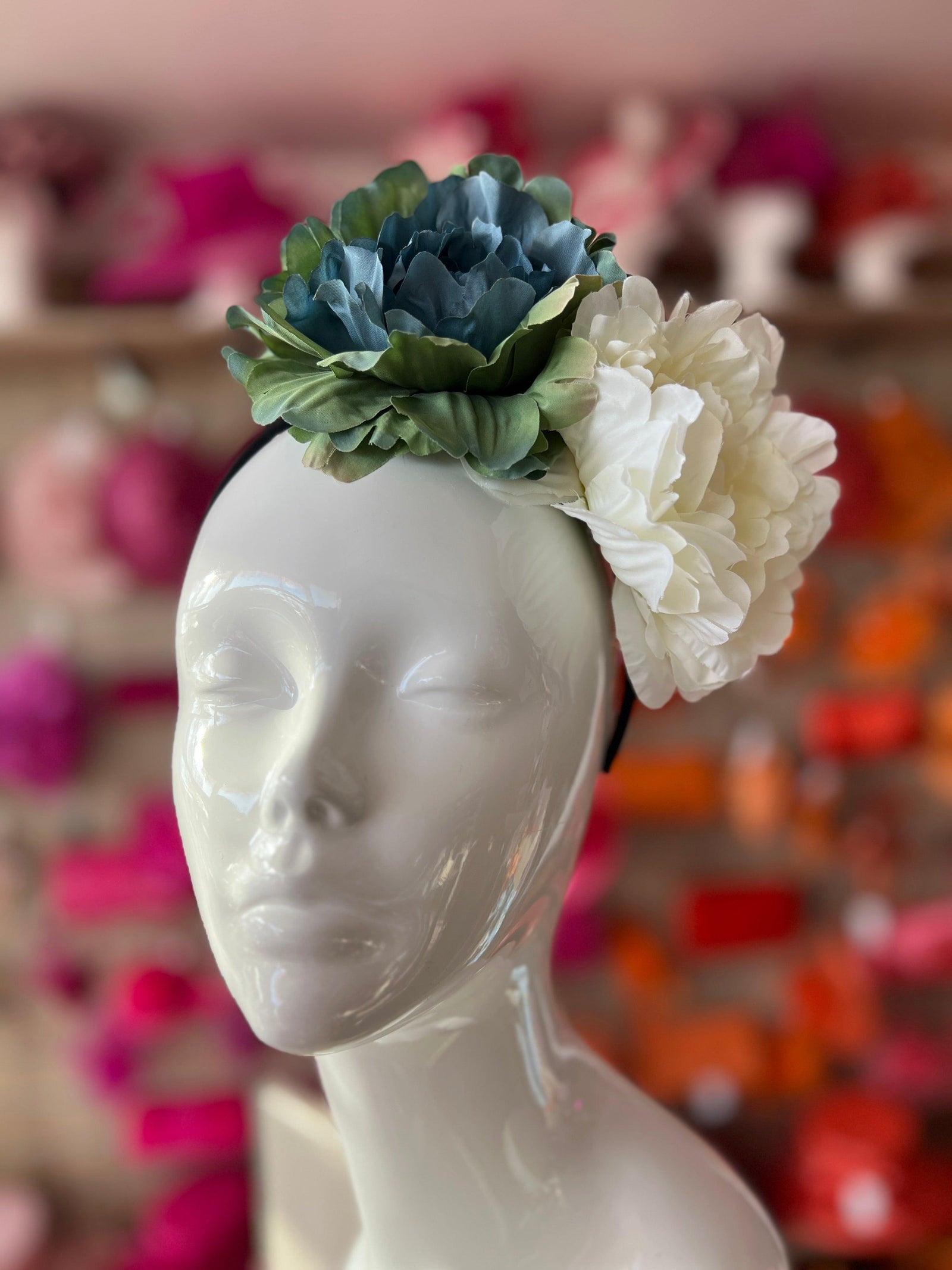 Duck Egg & Ivory Double Peony Flower Headband-Fascinators Direct