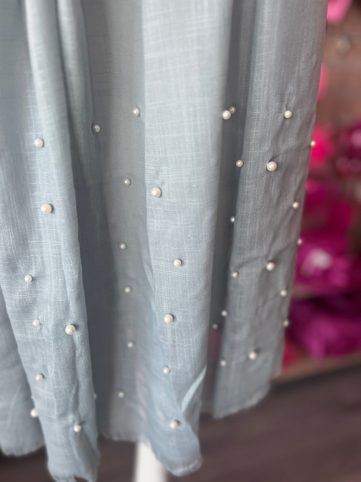 Dusky Blue Pashmina Scarf With Pearl Detail-Fascinators Direct