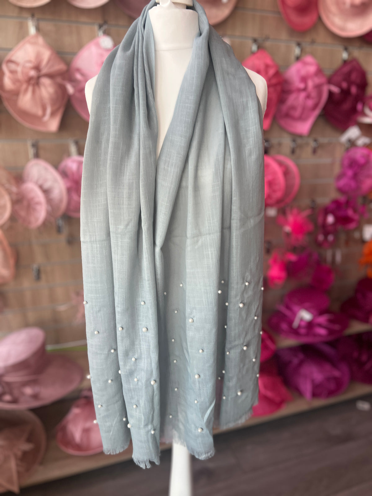 Dusky Blue Pashmina Scarf With Pearl Detail-Fascinators Direct