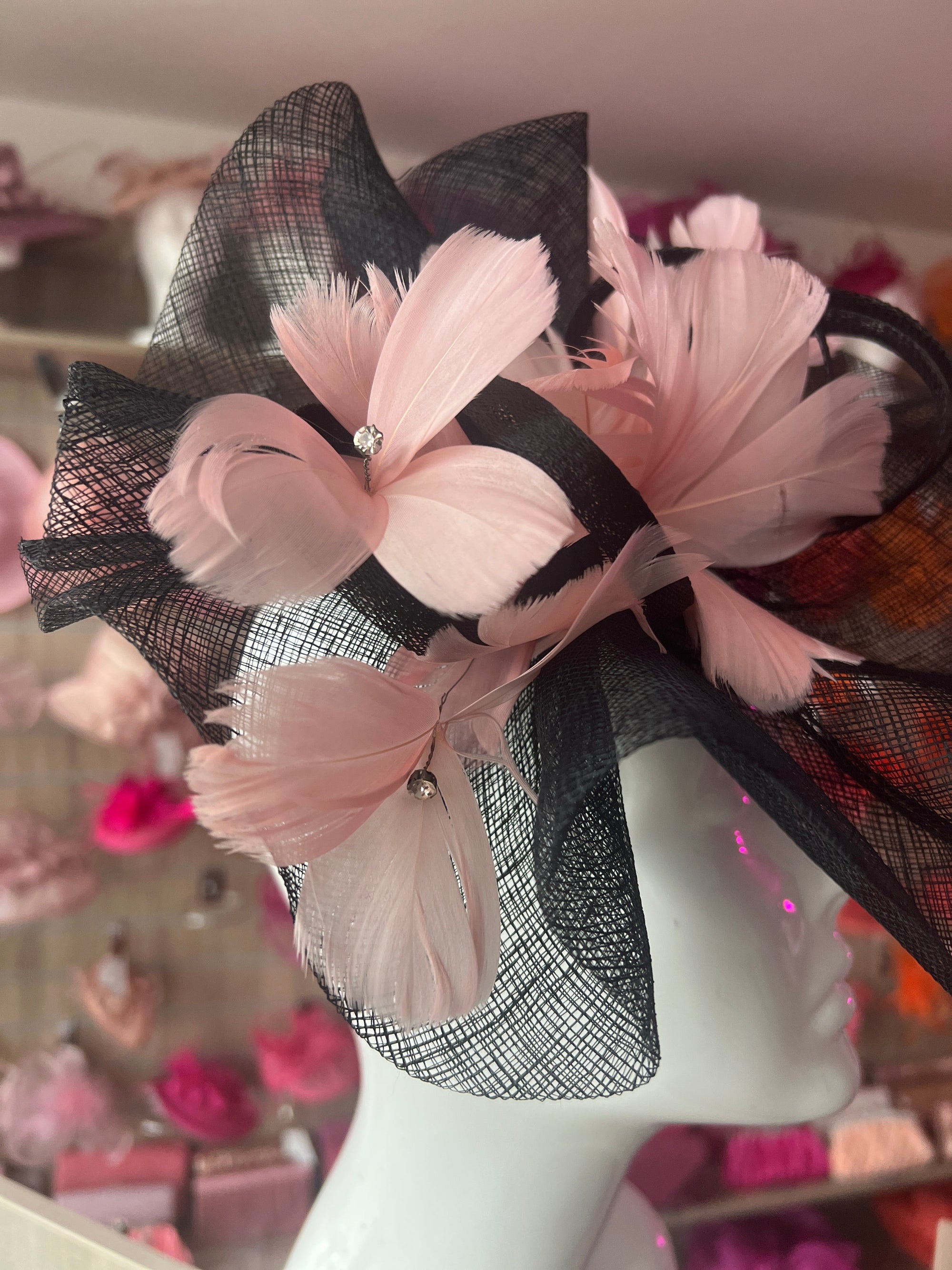 Dusky Pink & Black Large Fascinator With Feather Flowers & Sinamay Curls-Fascinators Direct