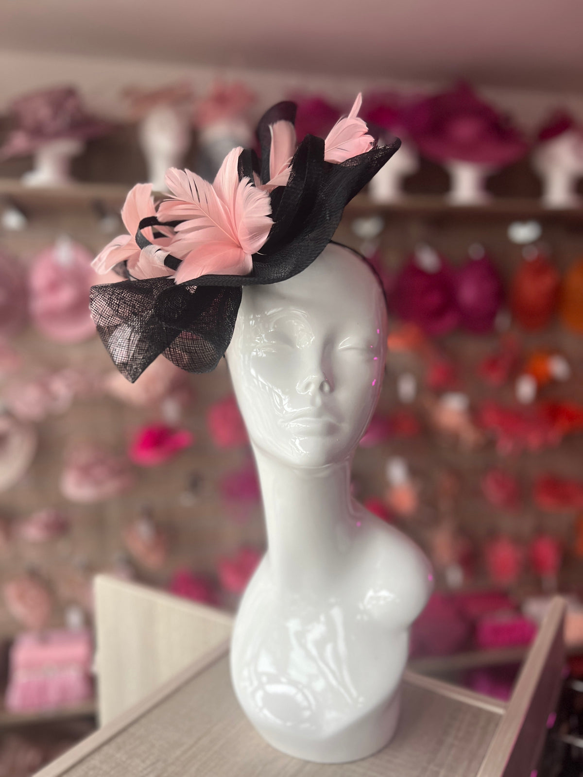 Dusky Pink &amp; Black Large Fascinator With Feather Flowers &amp; Sinamay Curls-Fascinators Direct