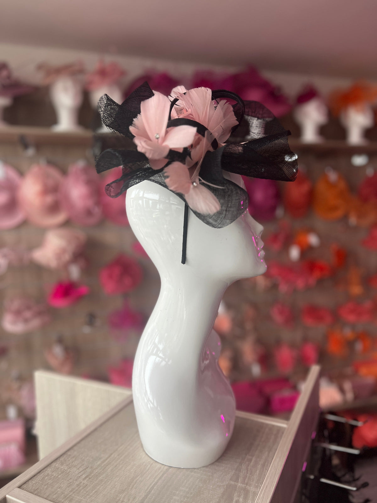 Dusky Pink &amp; Black Large Fascinator With Feather Flowers &amp; Sinamay Curls-Fascinators Direct