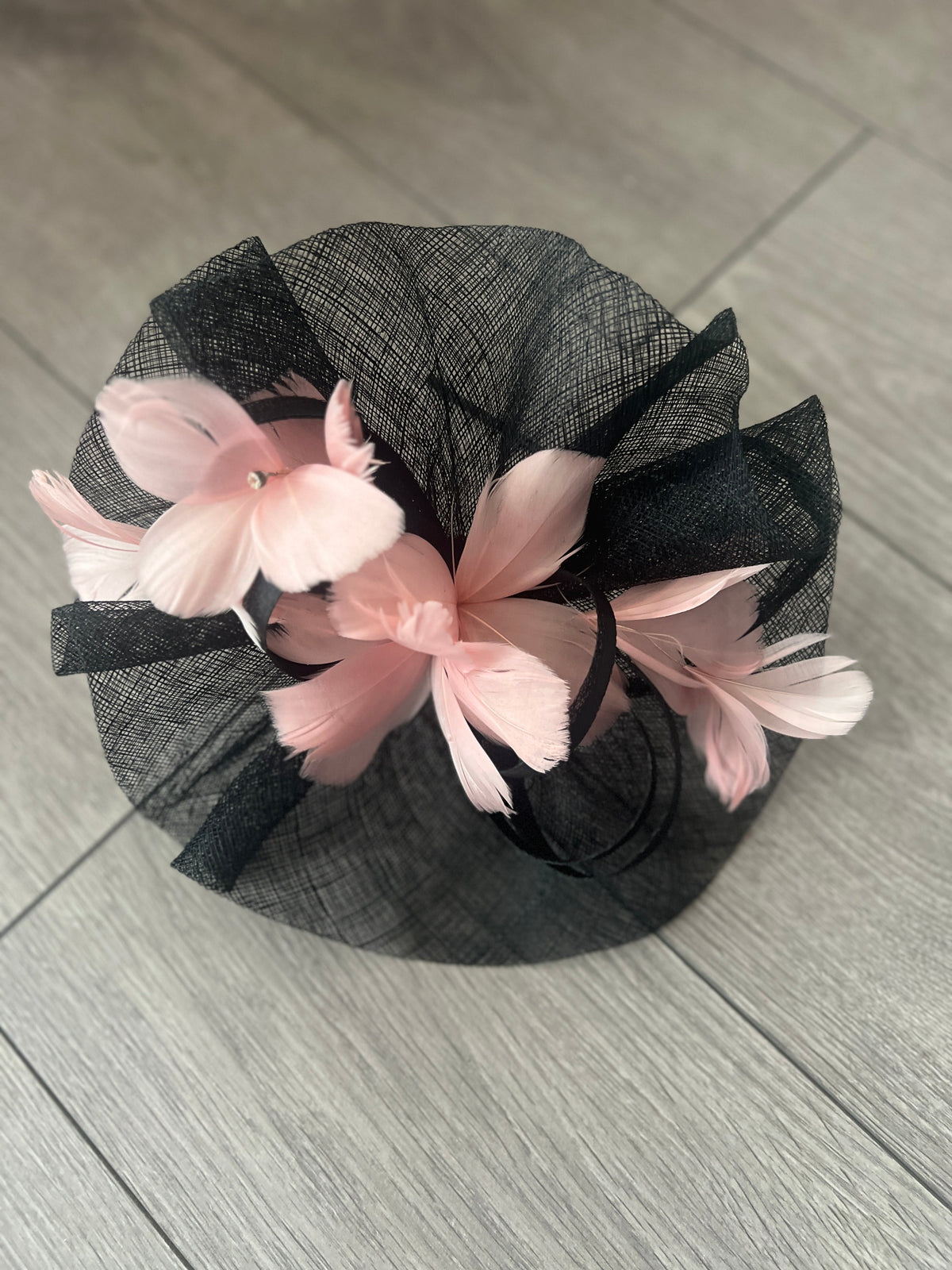 Dusky Pink &amp; Black Large Fascinator With Feather Flowers &amp; Sinamay Curls-Fascinators Direct