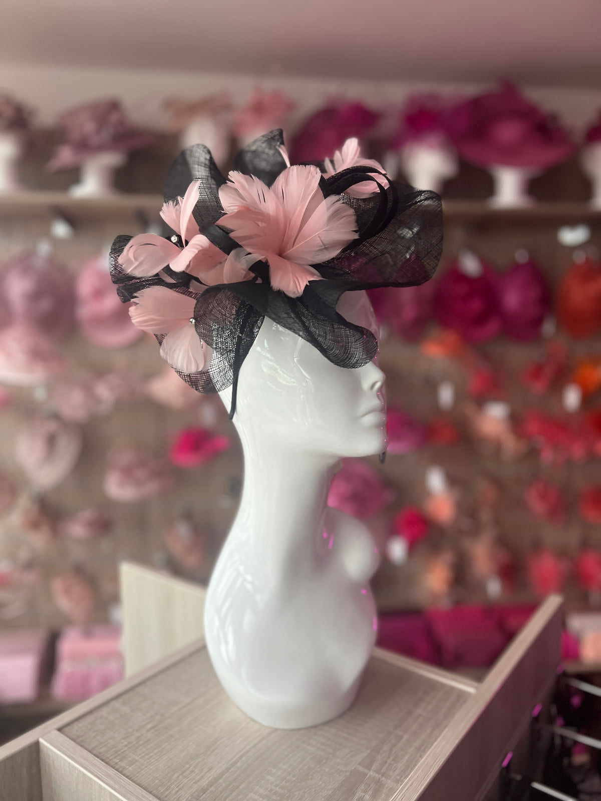 Dusky Pink &amp; Black Large Fascinator With Feather Flowers &amp; Sinamay Curls-Fascinators Direct