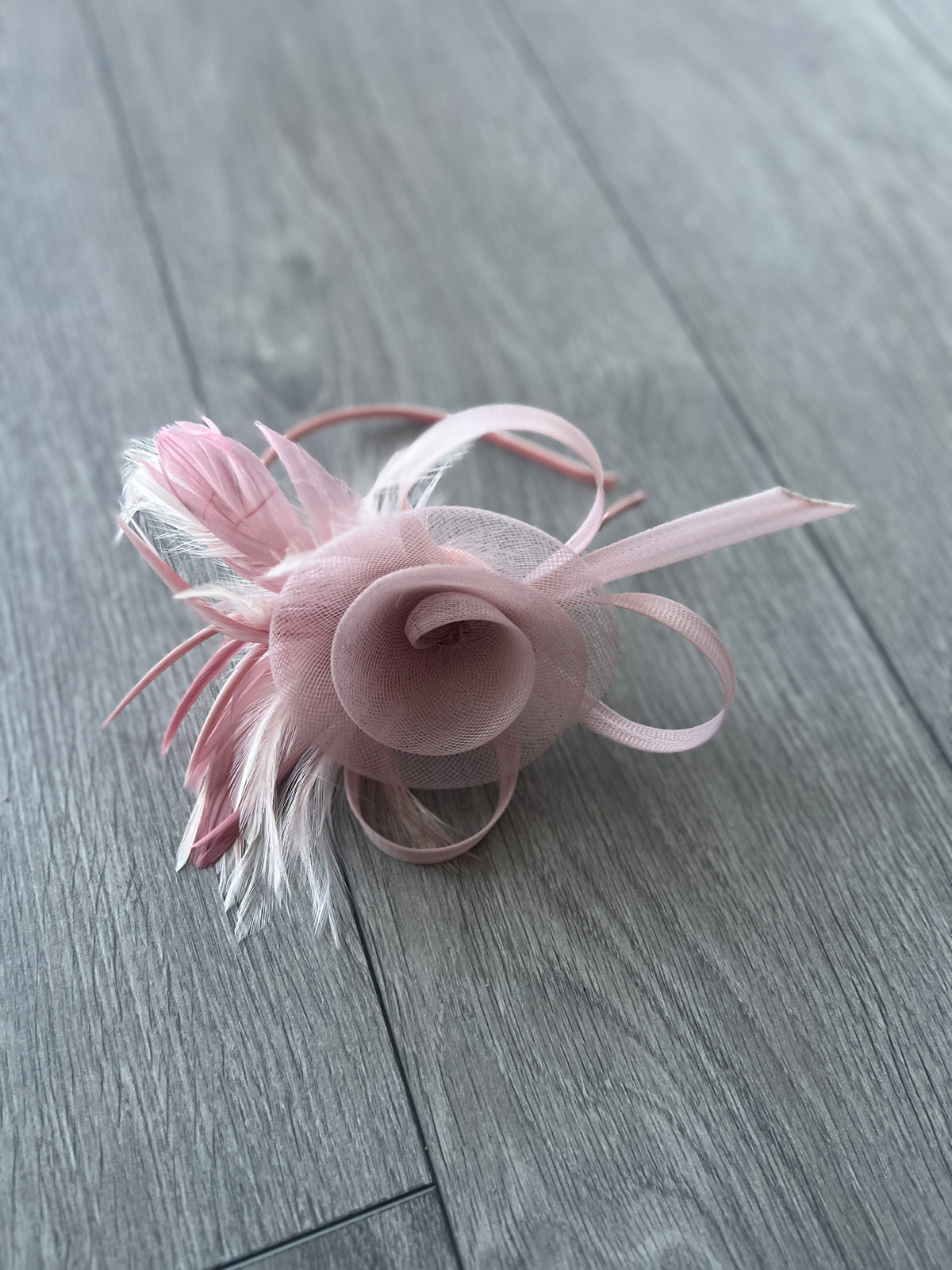 Dusky Pink Crinoline Fascinator with Swirl &amp; Feathers-Fascinators Direct