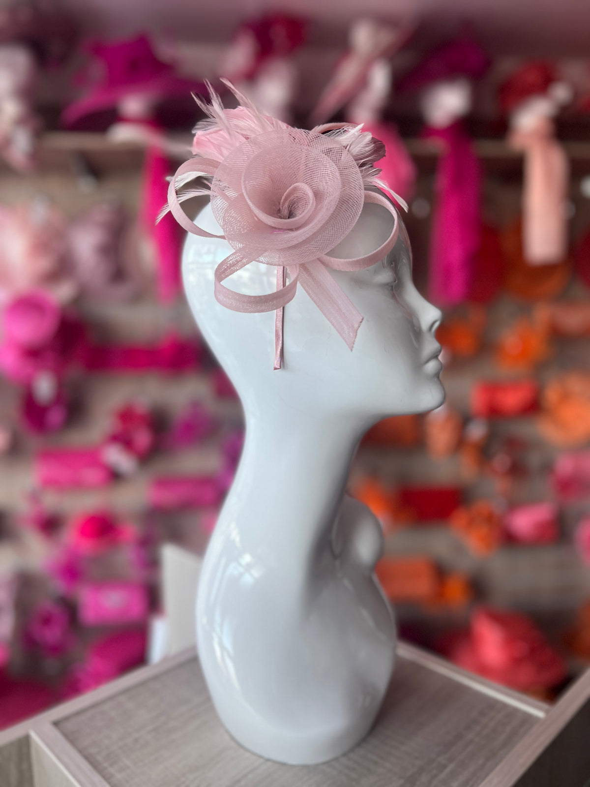 Dusky Pink Crinoline Fascinator with Swirl &amp; Feathers-Fascinators Direct