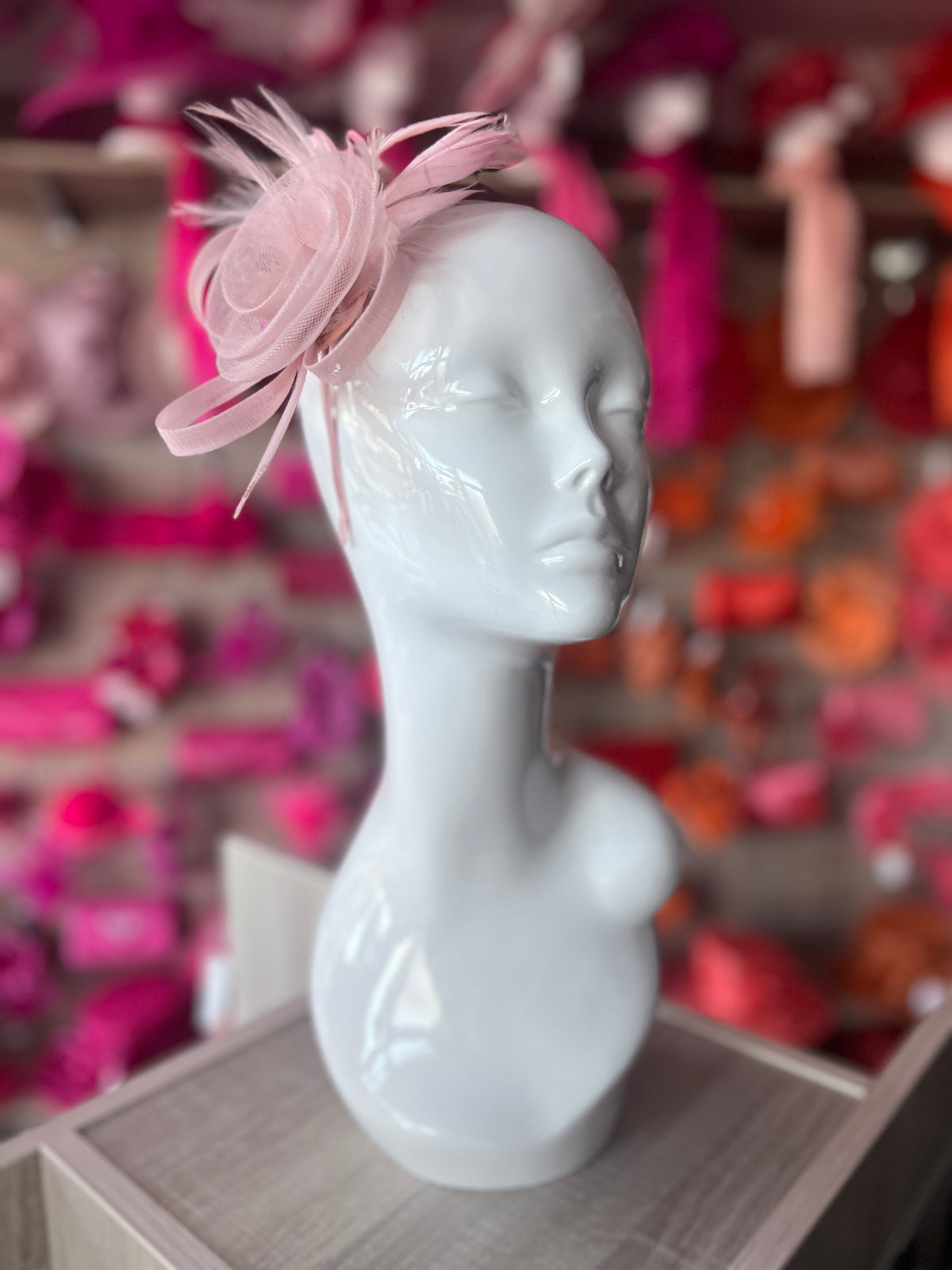 Dusky Pink Crinoline Fascinator with Swirl &amp; Feathers-Fascinators Direct